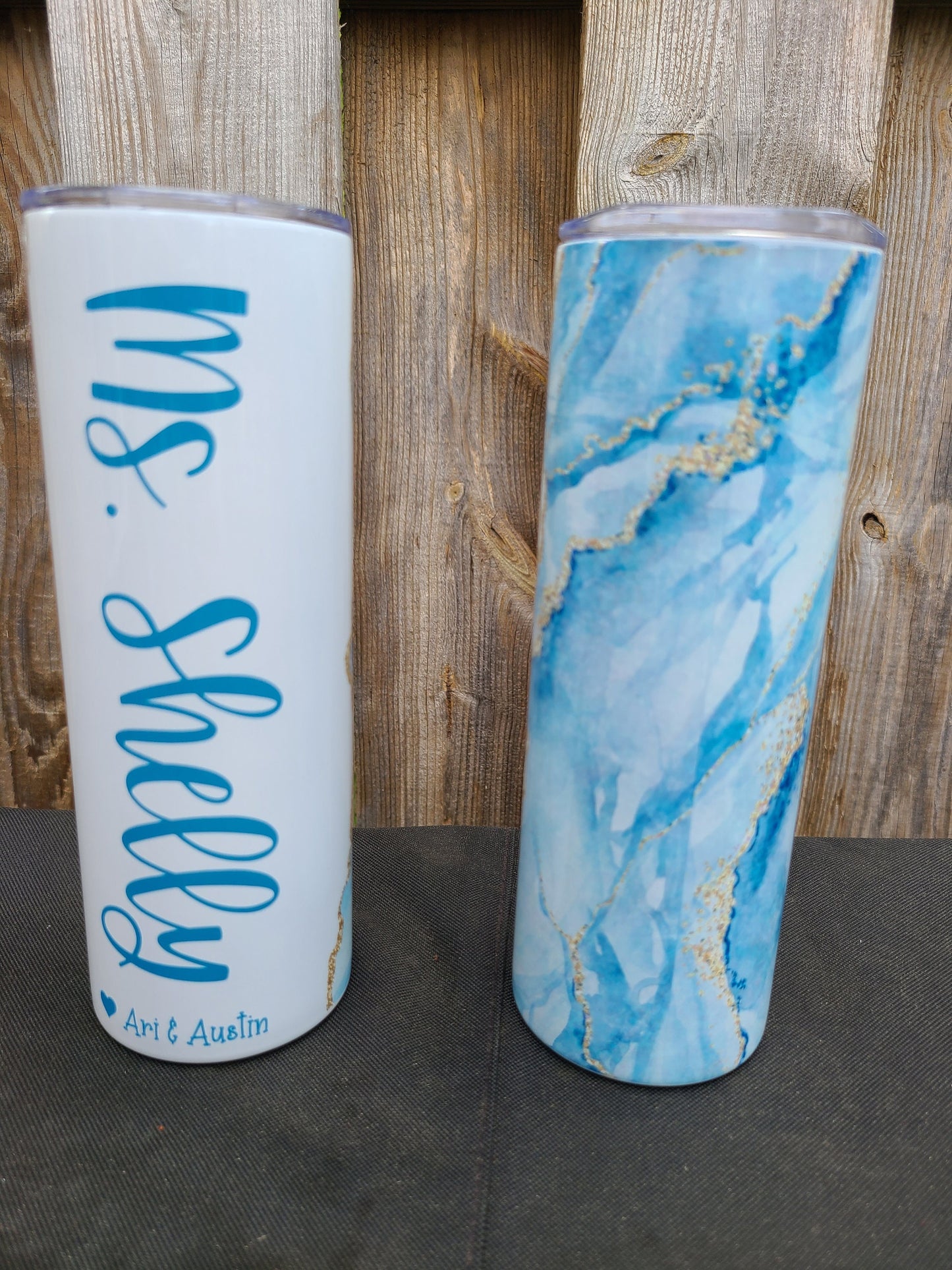 Blue and Gold Marble Personalized Skinny Tumbler - FAUX Glitter