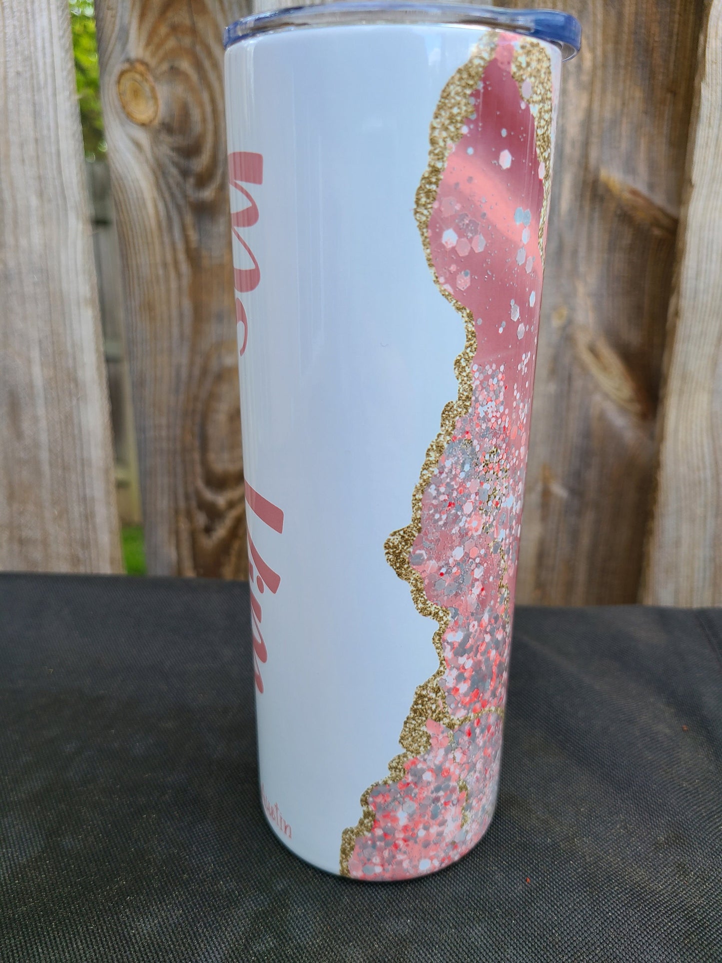 Pink and Gold Marble Faux Glitter Print Skinny Tumbler Peronalized