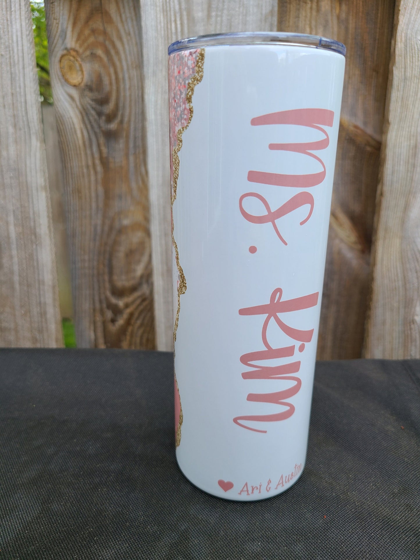 Pink and Gold Marble Faux Glitter Print Skinny Tumbler Peronalized