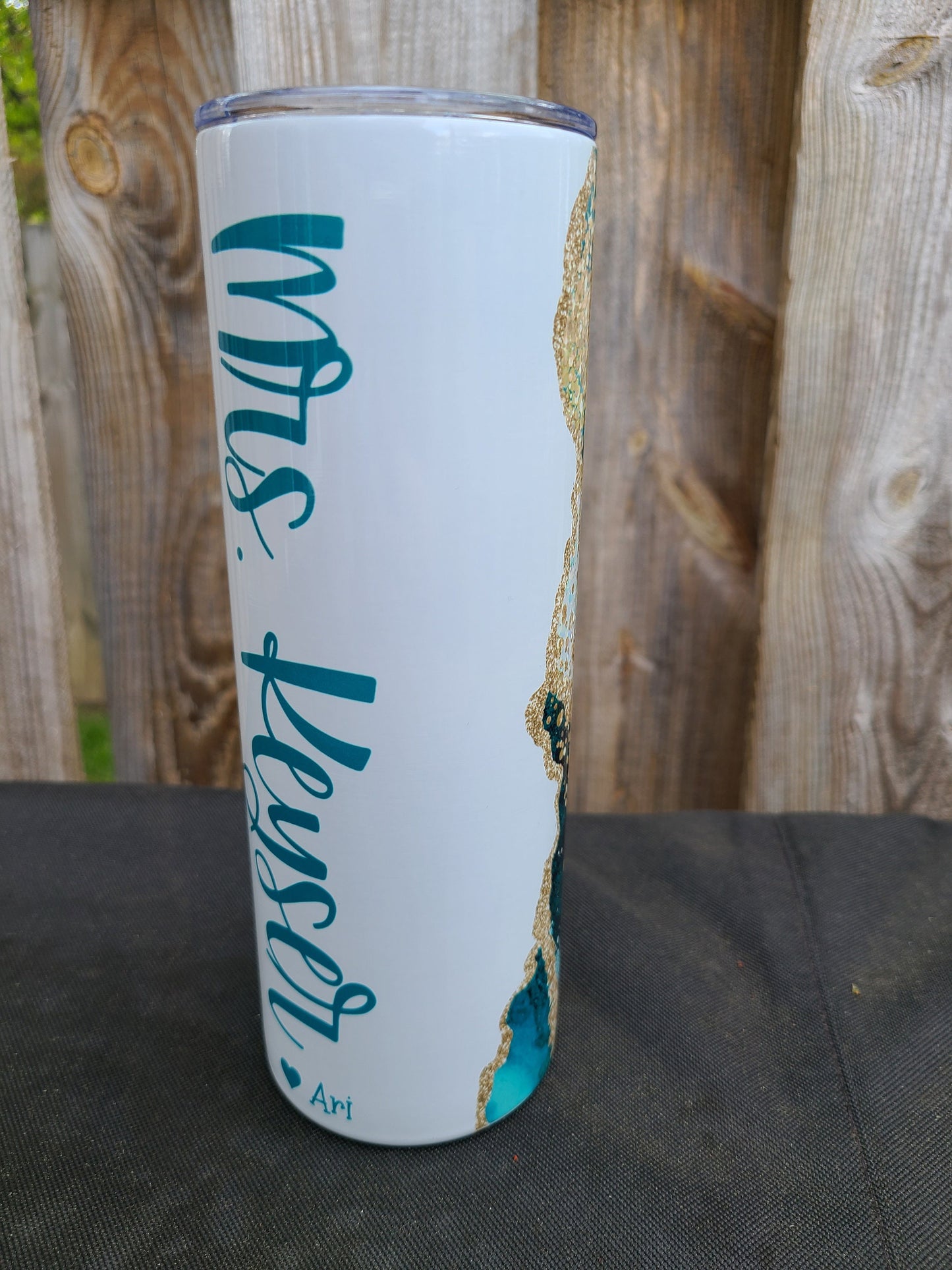 Teal & Gold Marble Personalized Skinny Tumbler - FAUX Glitter