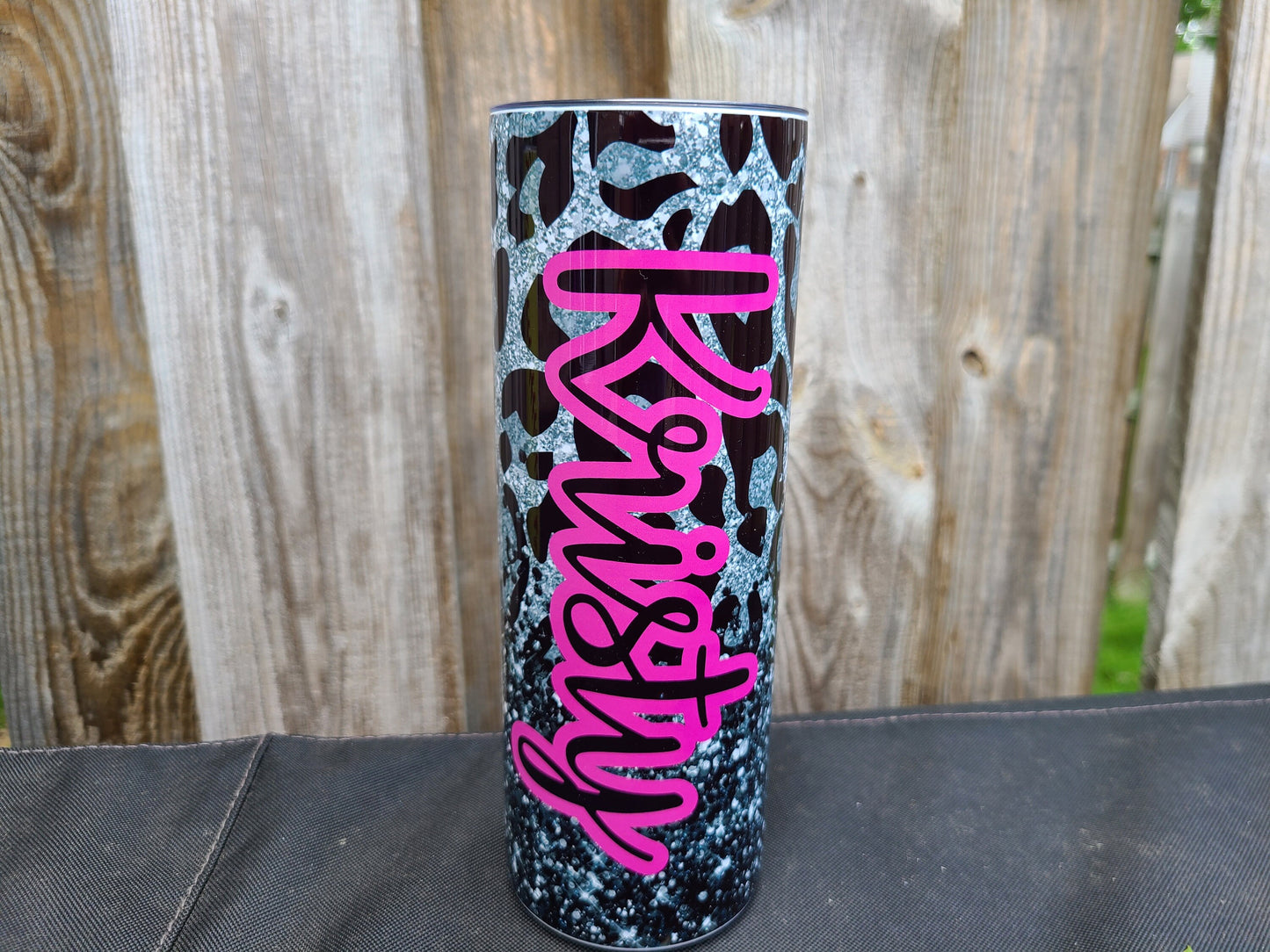 Personalized Black and Silver (with pink) Leopard Skinny Tumbler