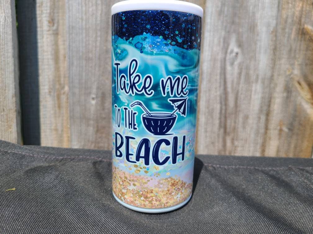 Take Me To The Beach Skinny Can Cooler - FAUX Glitter