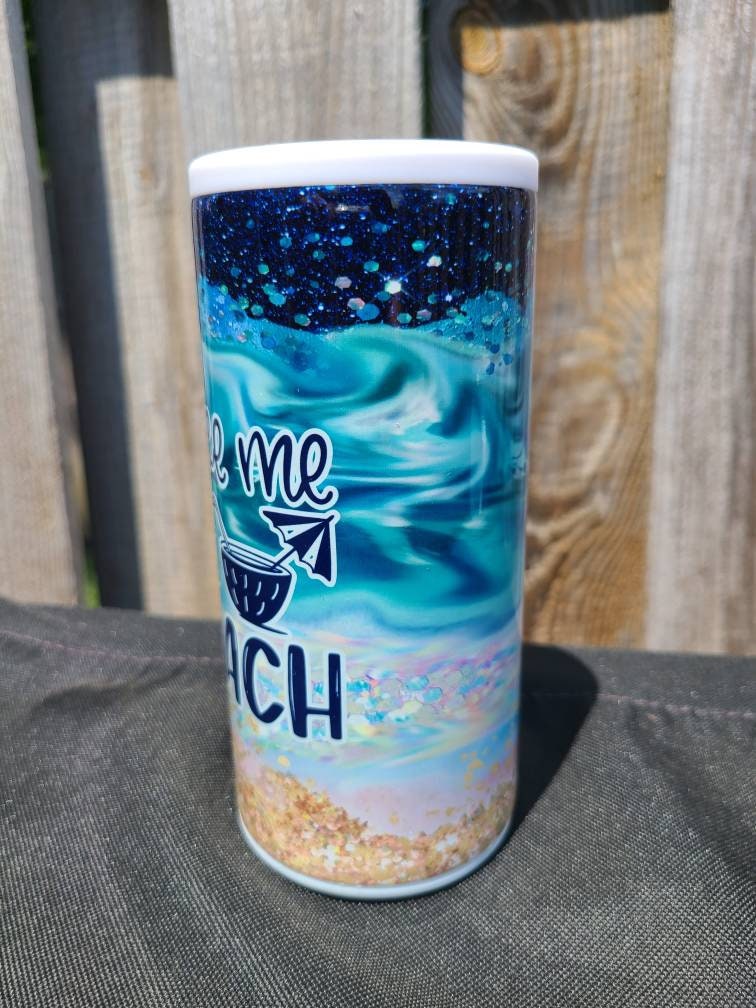 Take Me To The Beach Skinny Can Cooler - FAUX Glitter