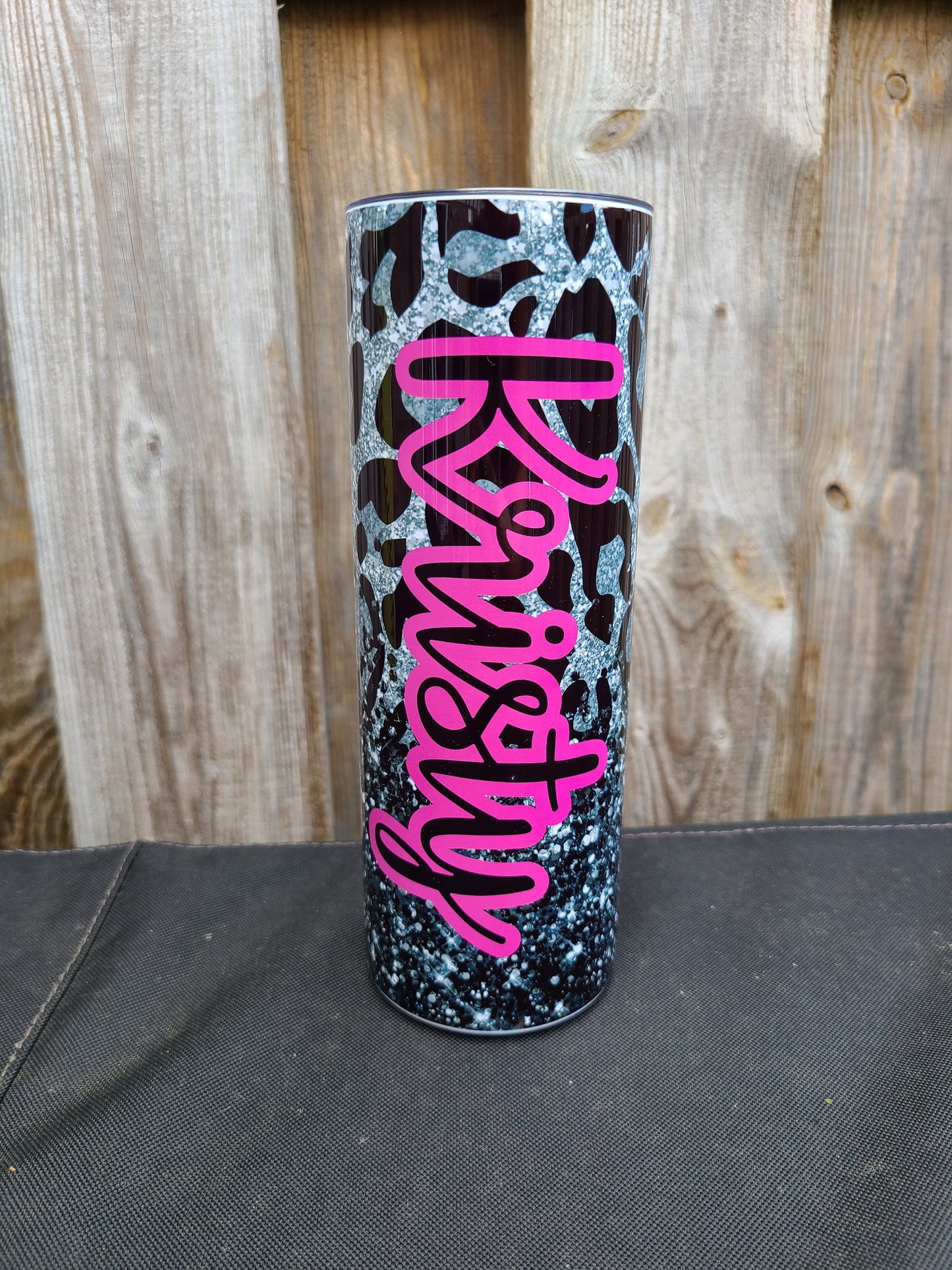 Personalized Black and Silver (with pink) Leopard Skinny Tumbler