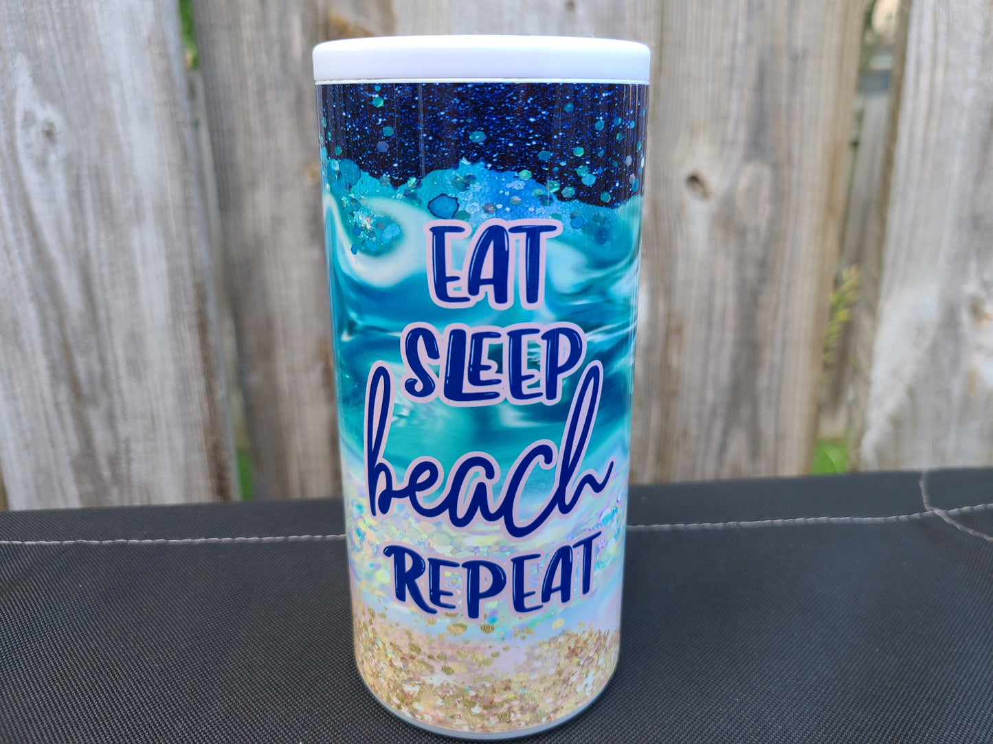 Eat Sleep Beach Repeat Skinny Can Cooler - FAUX Glitter