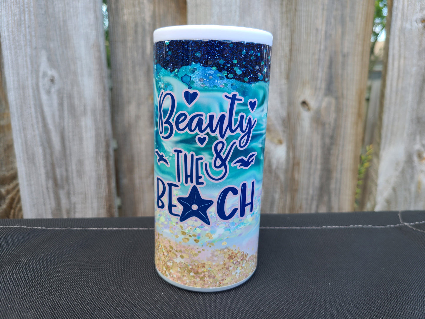 Beauty & The Beach Skinny Can Cooler - FAUX Glitter