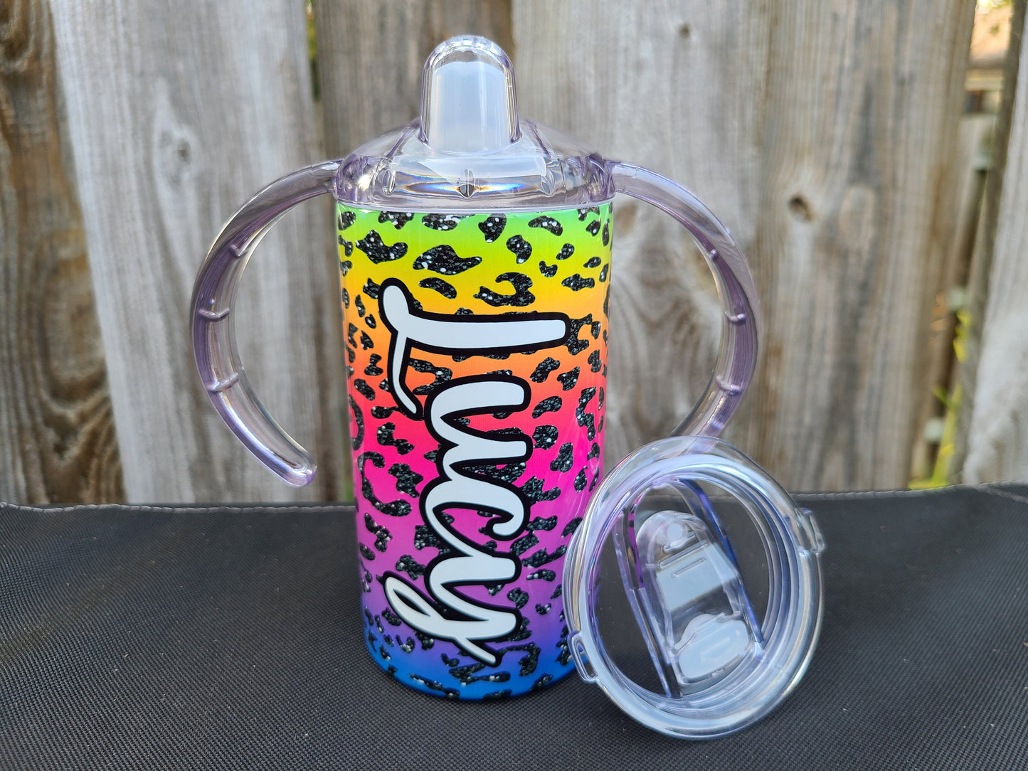 Rainbow Leopard Personalized Sippy Cup with Bonus Lid