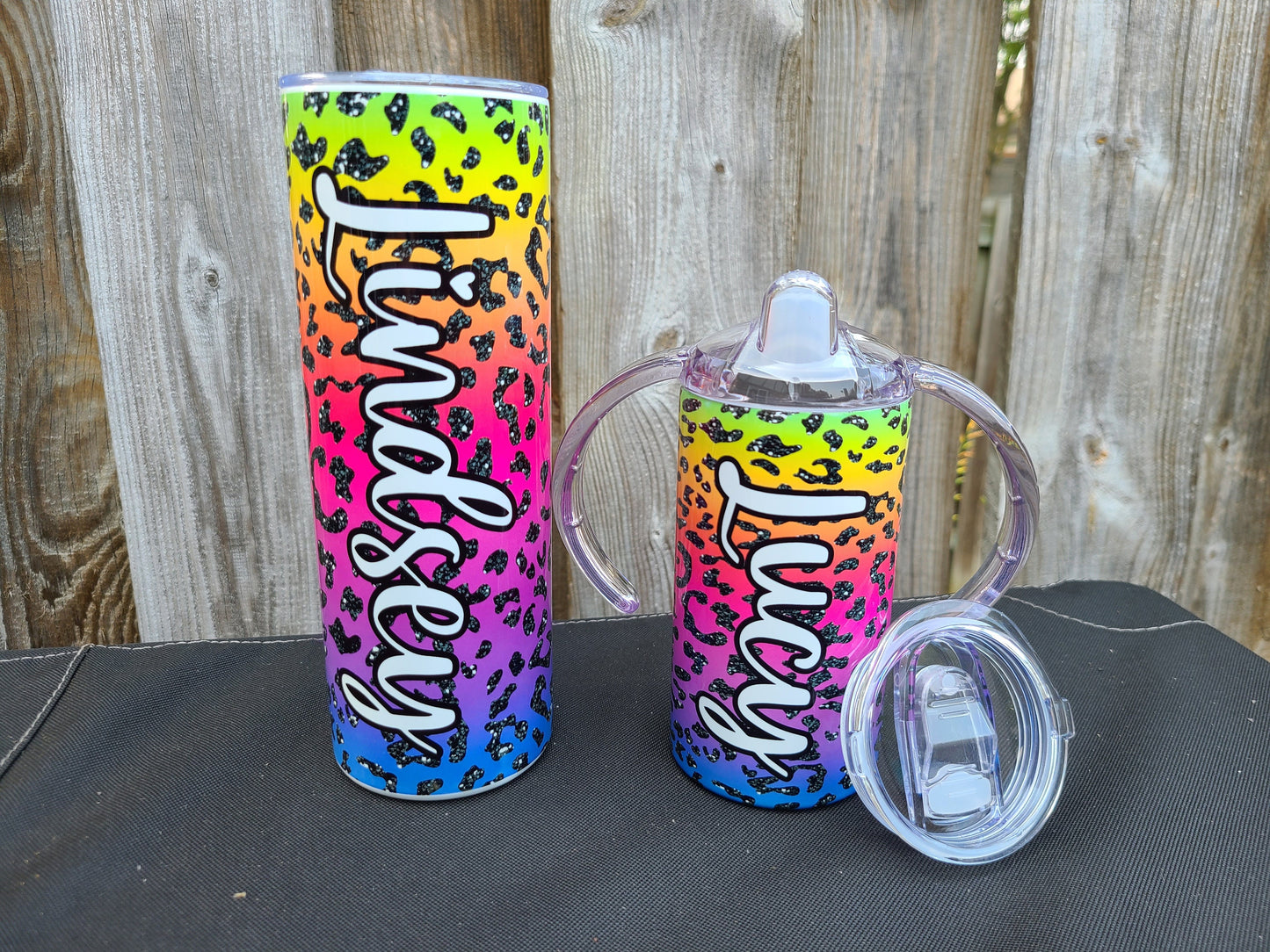 Rainbow Leopard Personalized Sippy Cup with Bonus Lid