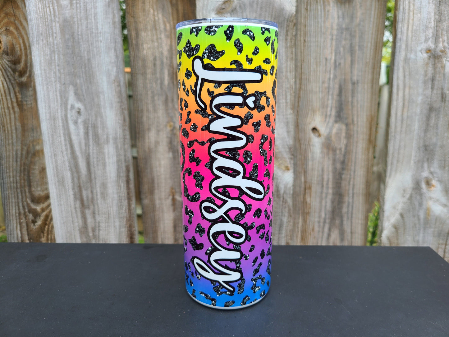 Rainbow Leopard Faux Glitter Personalized Skinny Tumbler