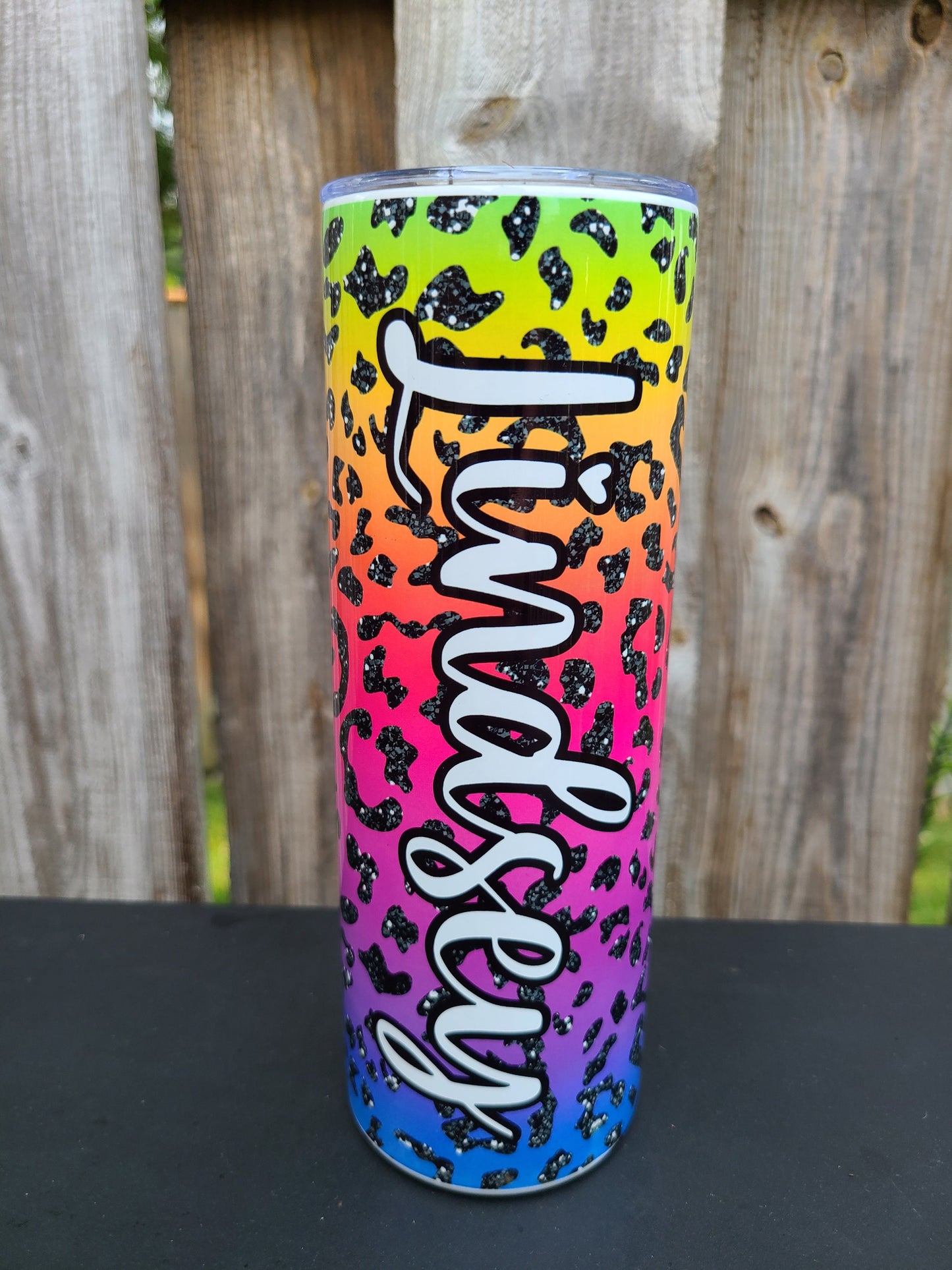 Rainbow Leopard Faux Glitter Personalized Skinny Tumbler