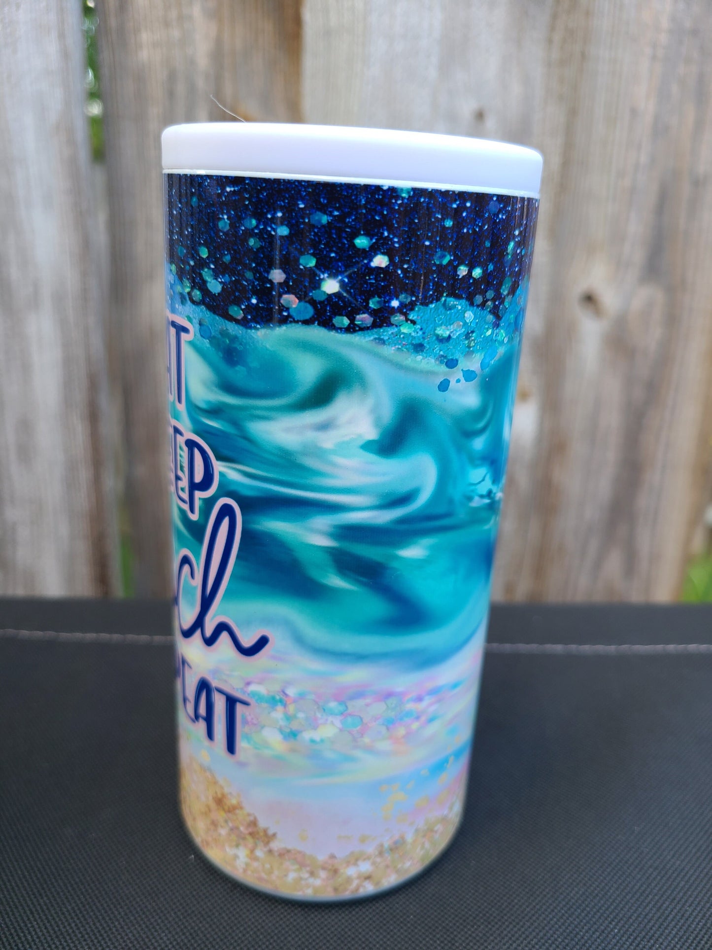 Eat Sleep Beach Repeat Skinny Can Cooler - FAUX Glitter