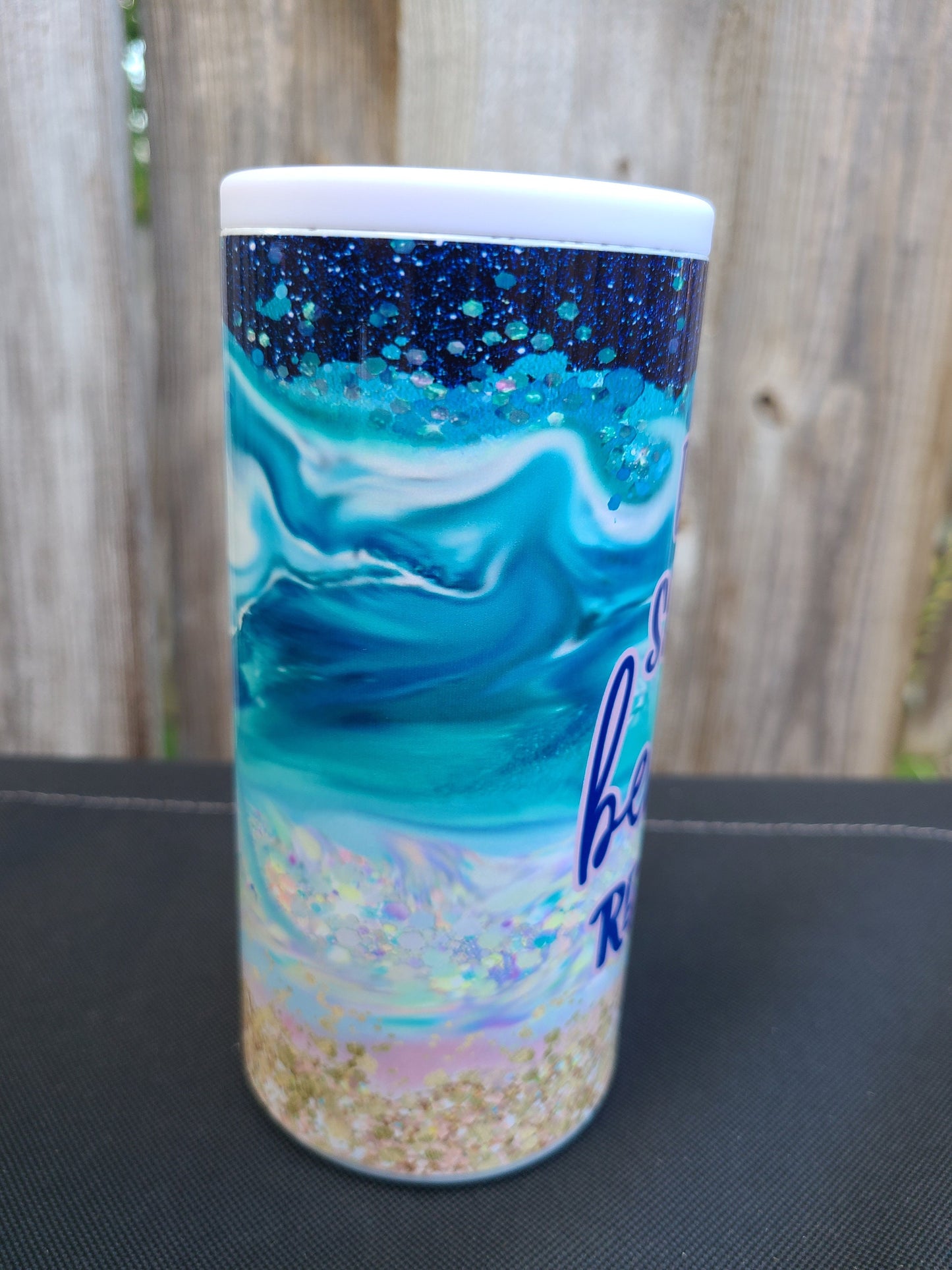 Eat Sleep Beach Repeat Skinny Can Cooler - FAUX Glitter