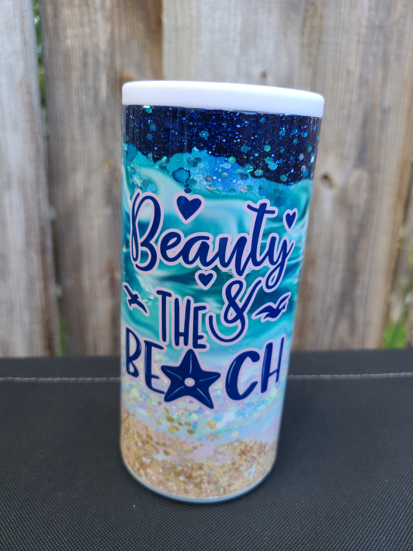 Beauty & The Beach Skinny Can Cooler - FAUX Glitter