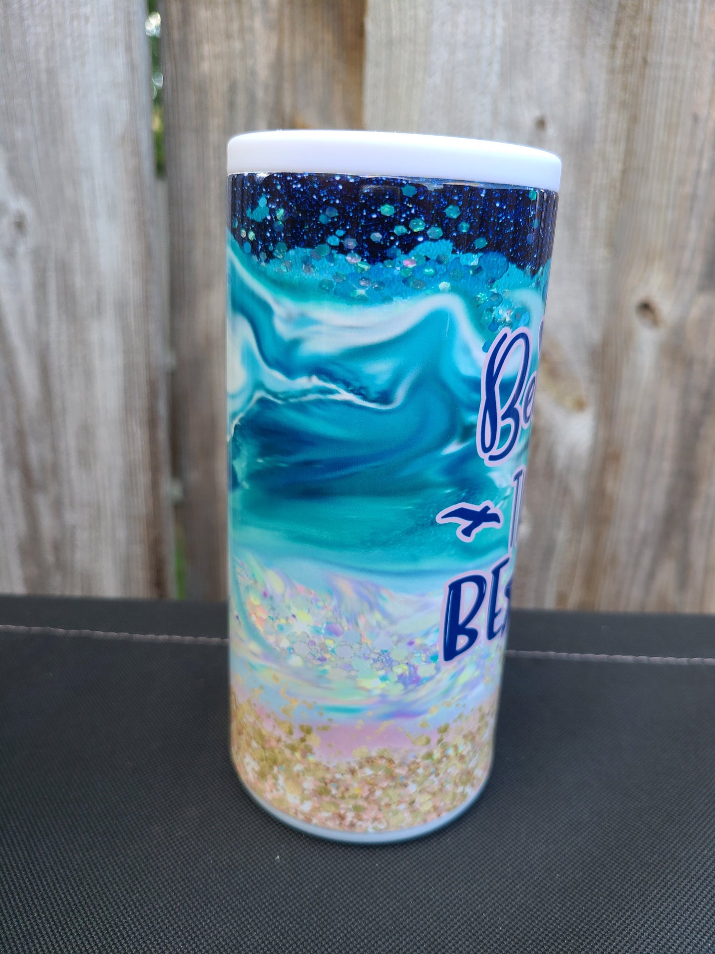 Beauty & The Beach Skinny Can Cooler - FAUX Glitter
