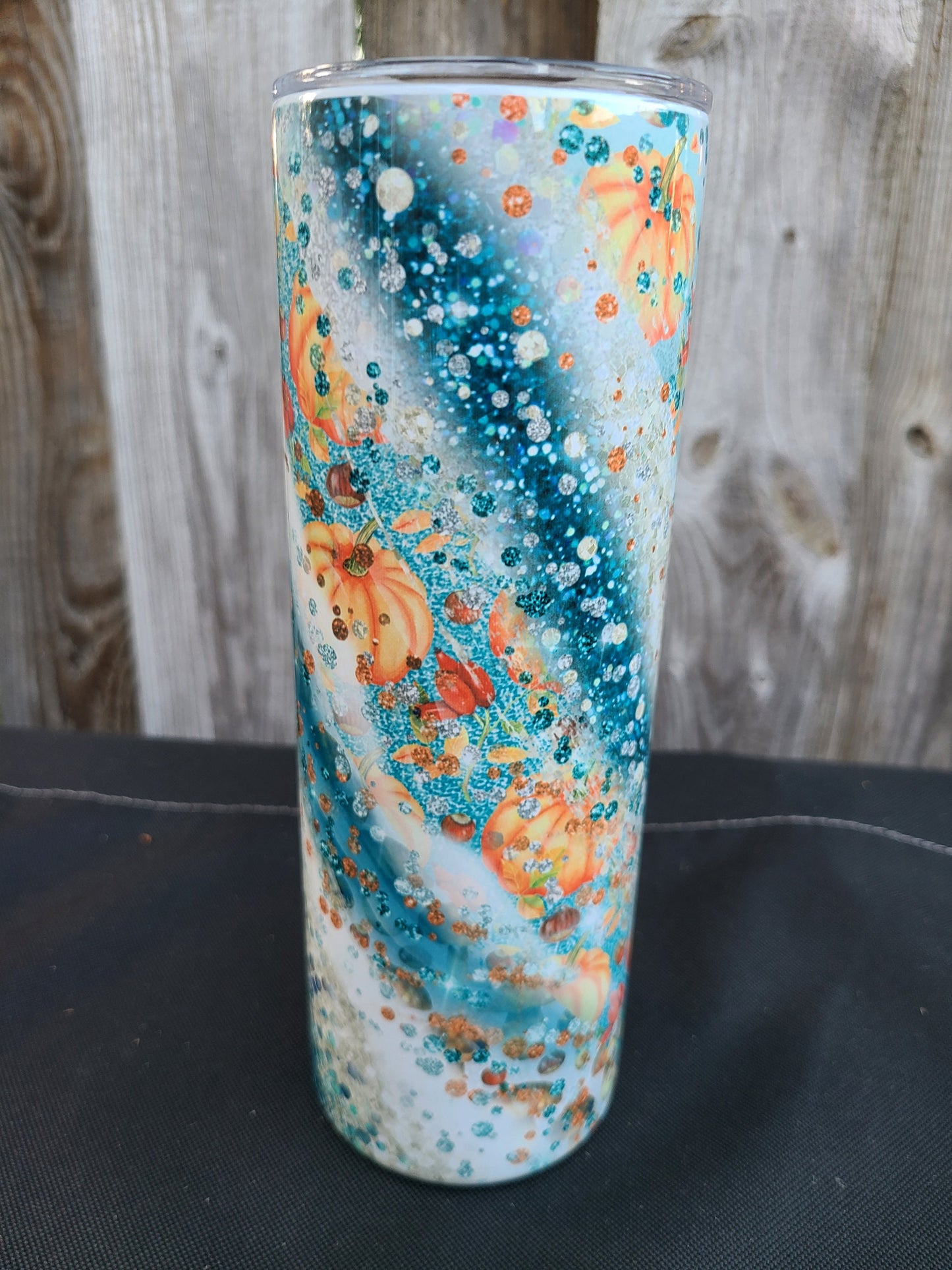 Pumpkin Fall Teal Swirl Skinny Tumbler - FAUX Glitter