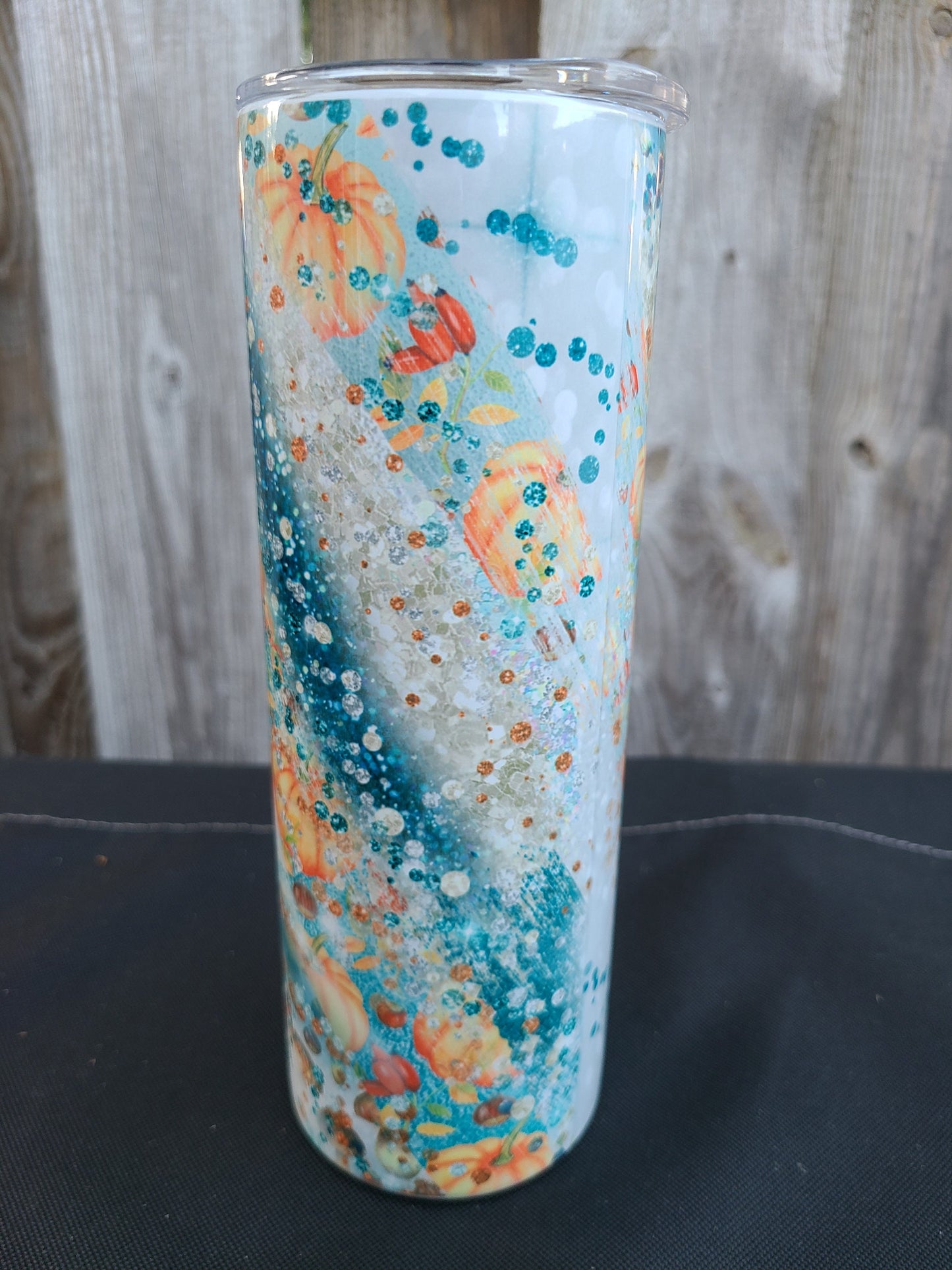 Pumpkin Fall Teal Swirl Skinny Tumbler - FAUX Glitter