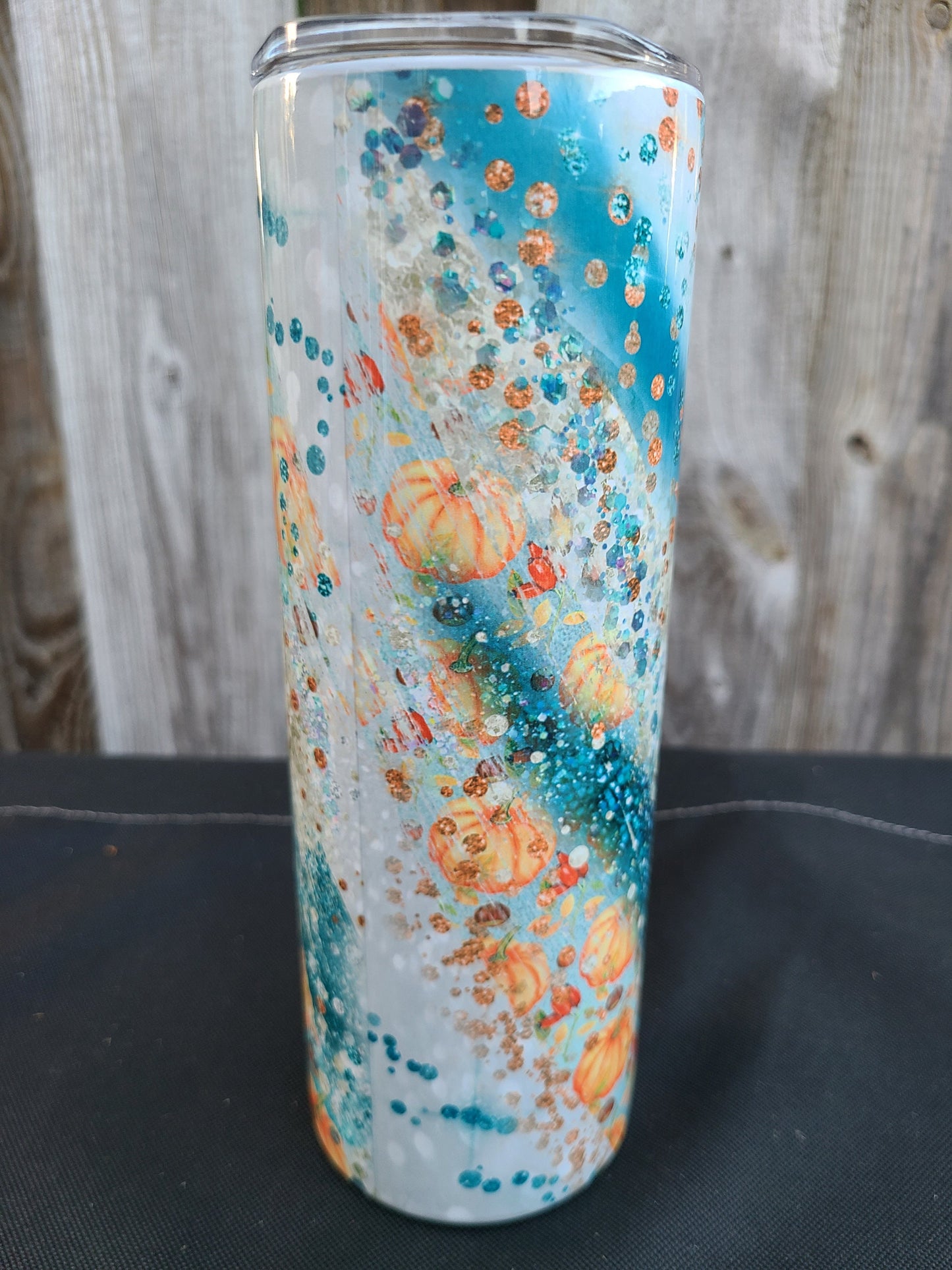 Pumpkin Fall Teal Swirl Skinny Tumbler - FAUX Glitter