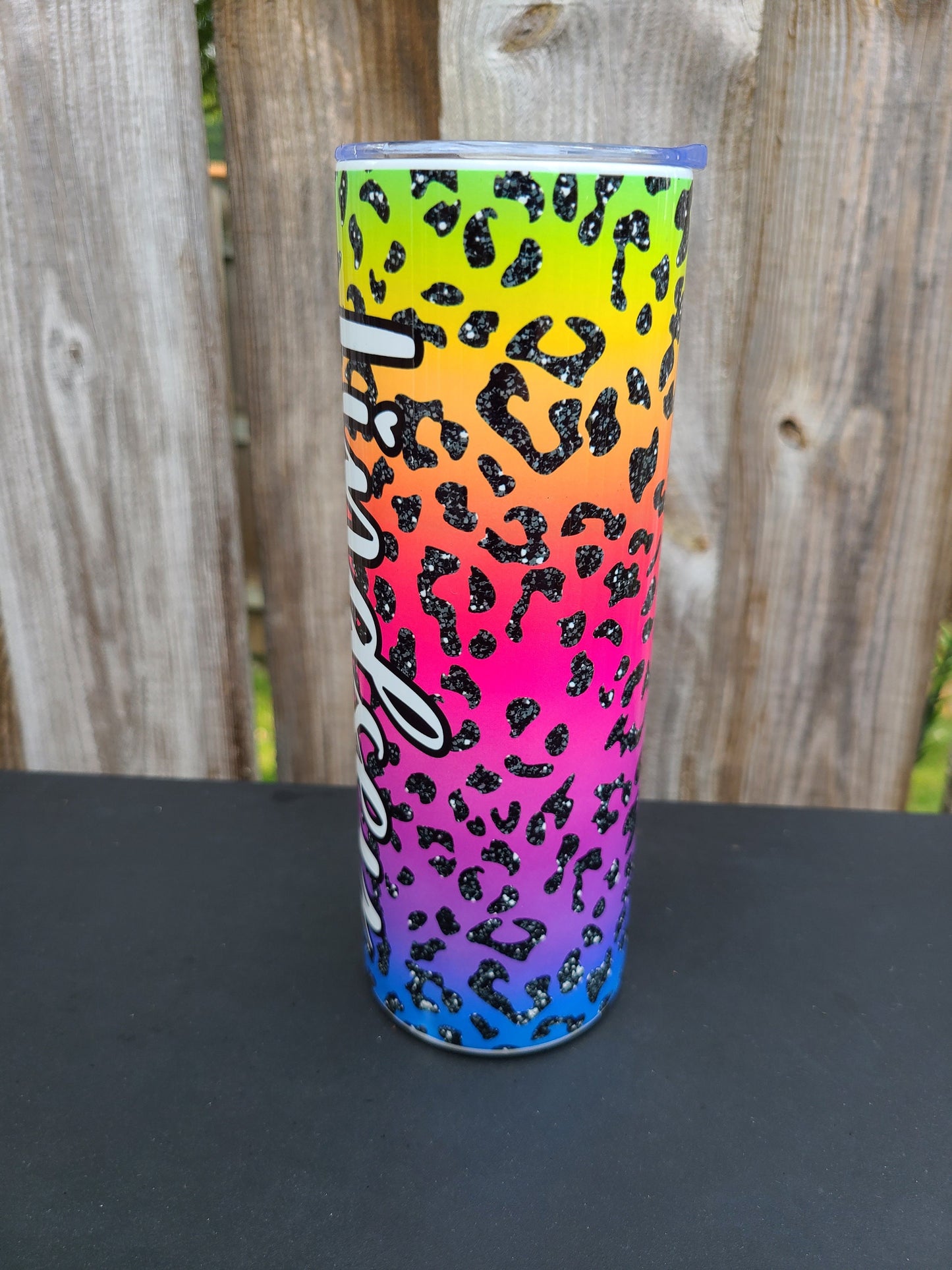 Rainbow Leopard Faux Glitter Personalized Skinny Tumbler