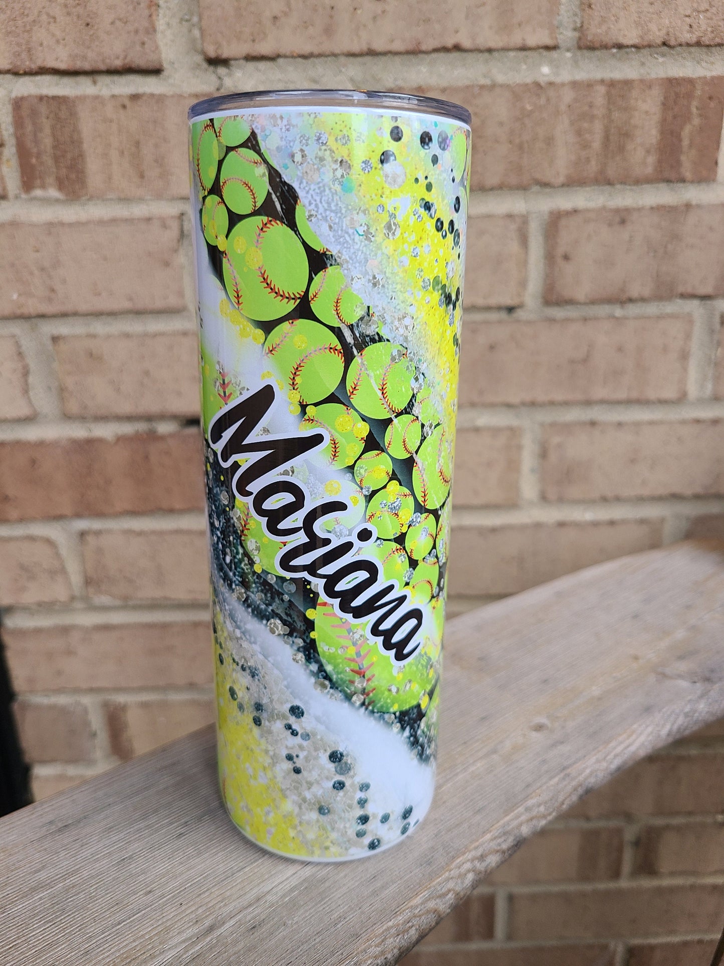 Personalized Softball Swirl 20 oz Skinny Tumbler - FAUX Glitter