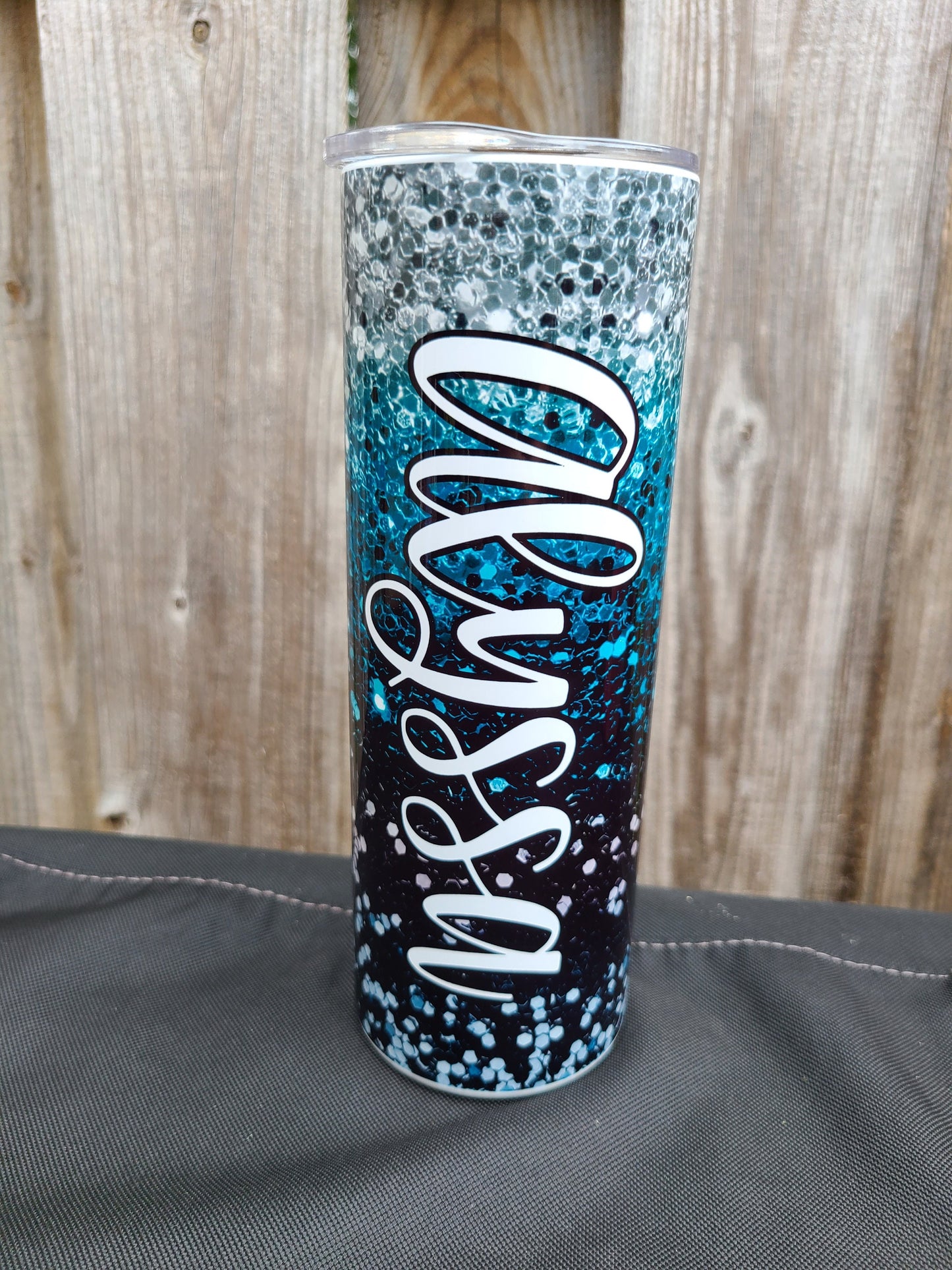 Personalized Black and Teal Tumbler, 20 oz Skinny Tumbler, Faux Glitter Tumbler, Christmas Gift for Sister, Christmas Gift for Mom, Name Cup