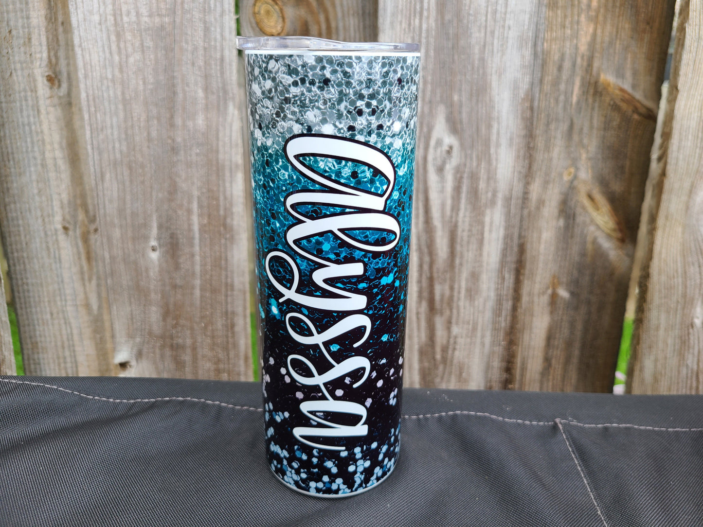 Personalized Black and Teal Tumbler, 20 oz Skinny Tumbler, Faux Glitter Tumbler, Christmas Gift for Sister, Christmas Gift for Mom, Name Cup