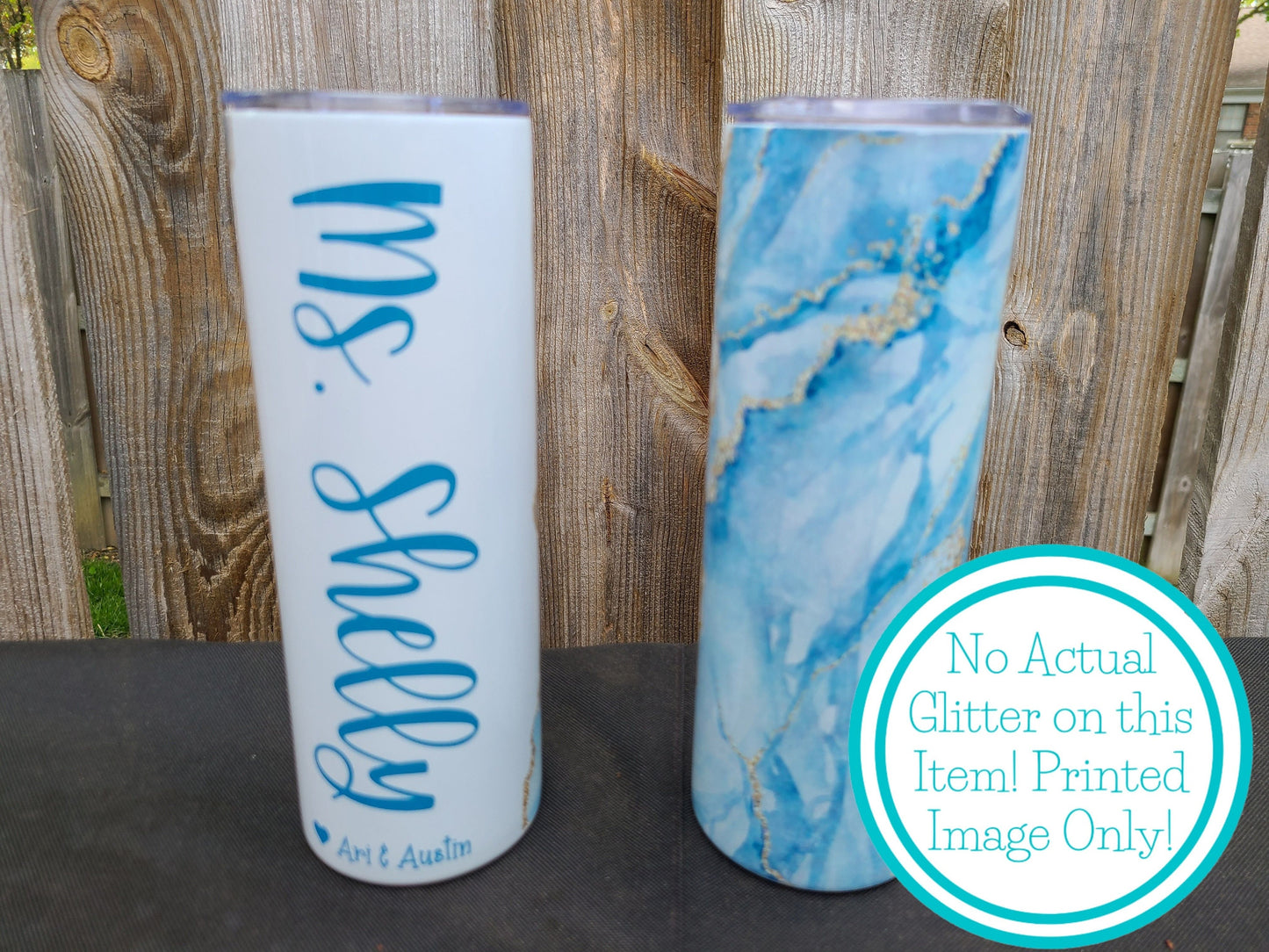 Blue and Gold Marble Personalized Skinny Tumbler - FAUX Glitter