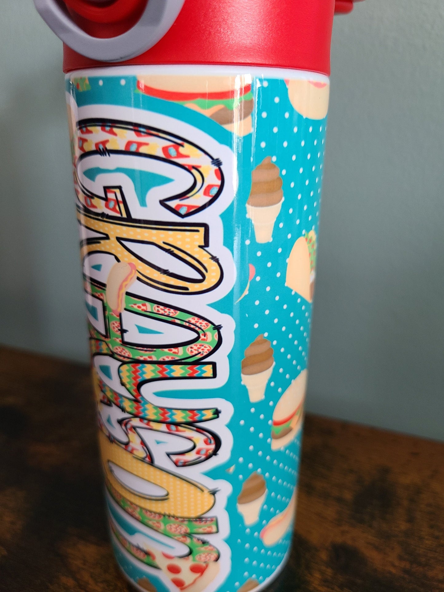 Personalized Fast Food Theme Water Bottle - 12 oz Flip Top Water Bottle with Straw