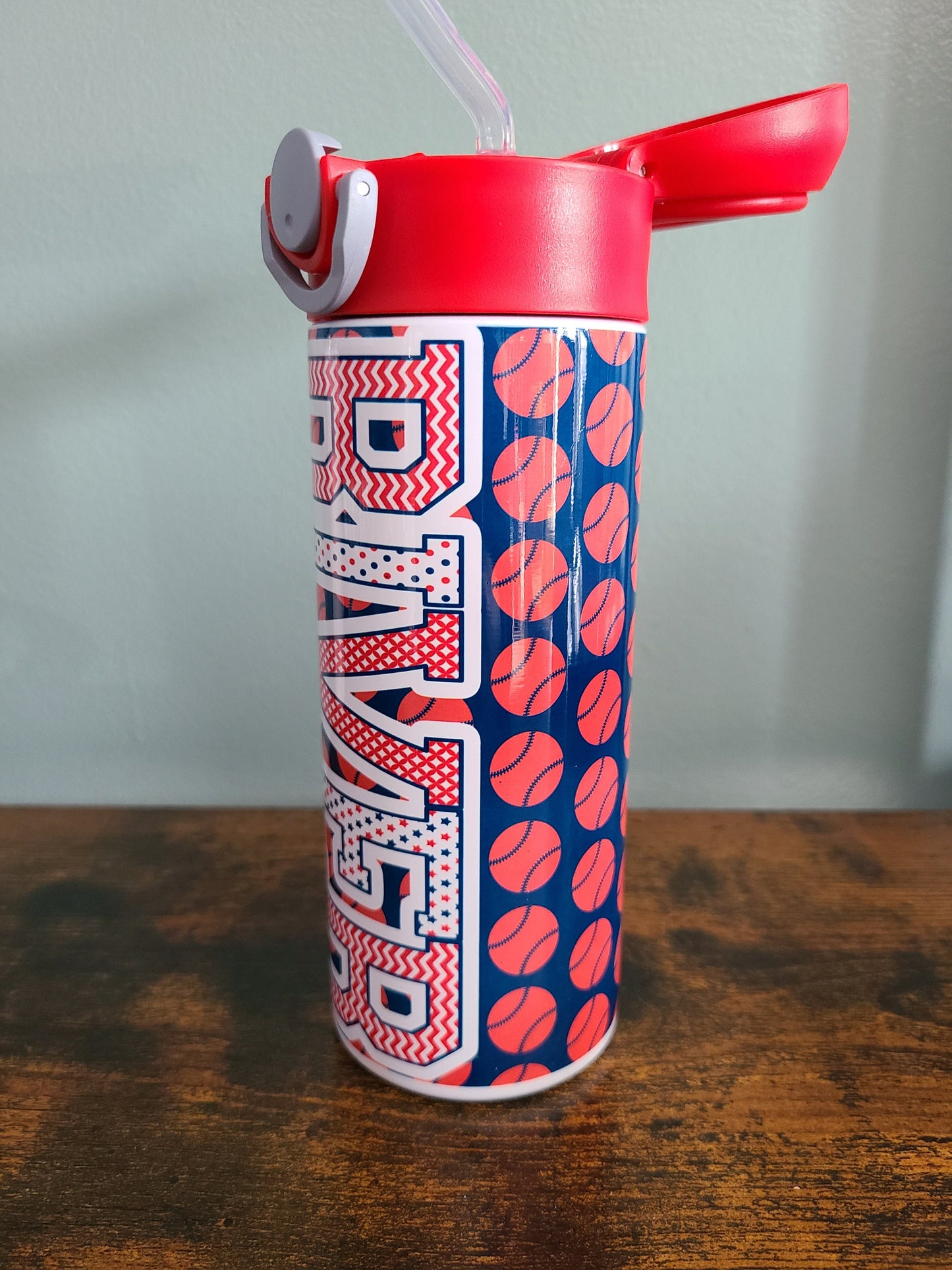 Personalized Red and Blue Baseball Water Bottle - 12 oz Flip Top Water Bottle with Straw