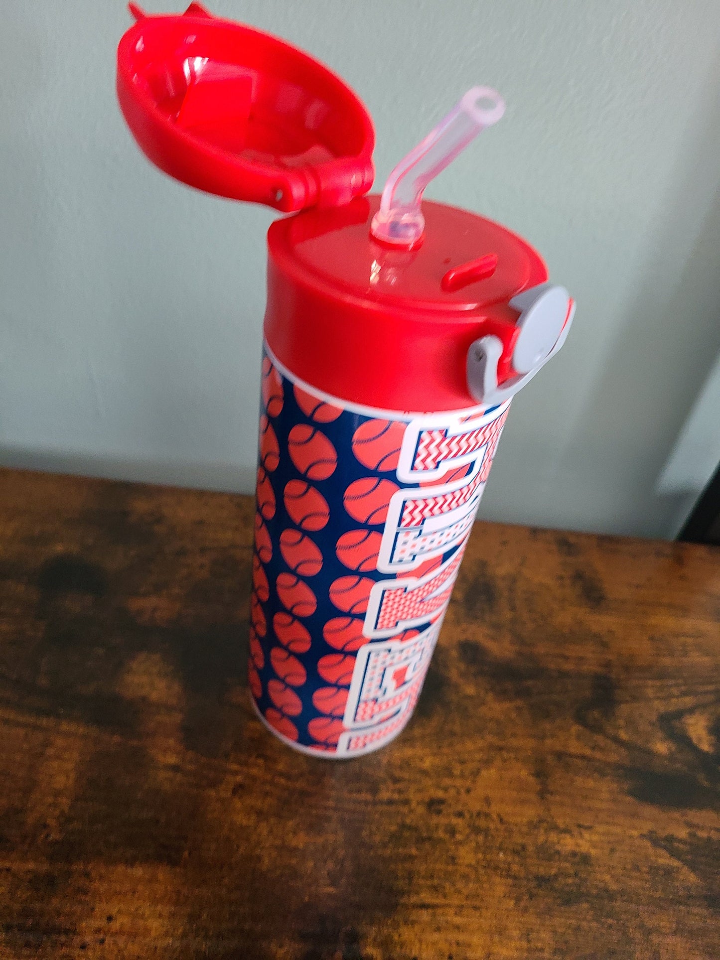 Personalized Red and Blue Baseball Water Bottle - 12 oz Flip Top Water Bottle with Straw