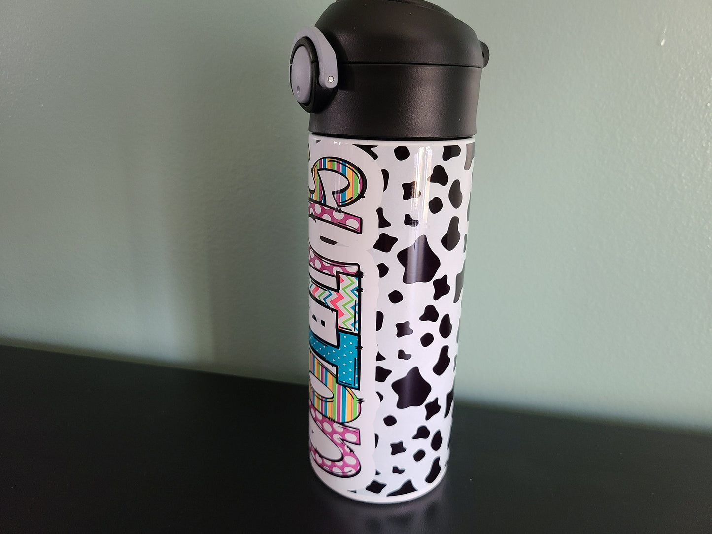 Fun Cow Print Flip Top Water Bottle - Personalized