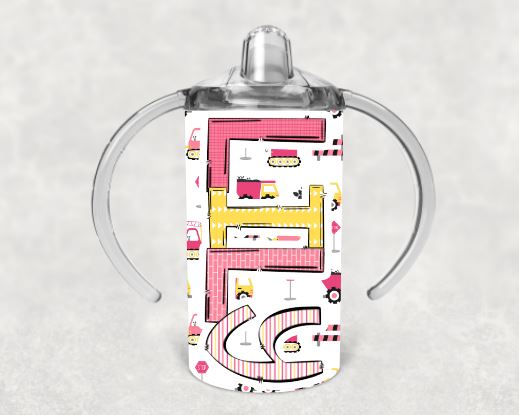 Pink Construction Personalized Sippy Cup with Bonus Lid