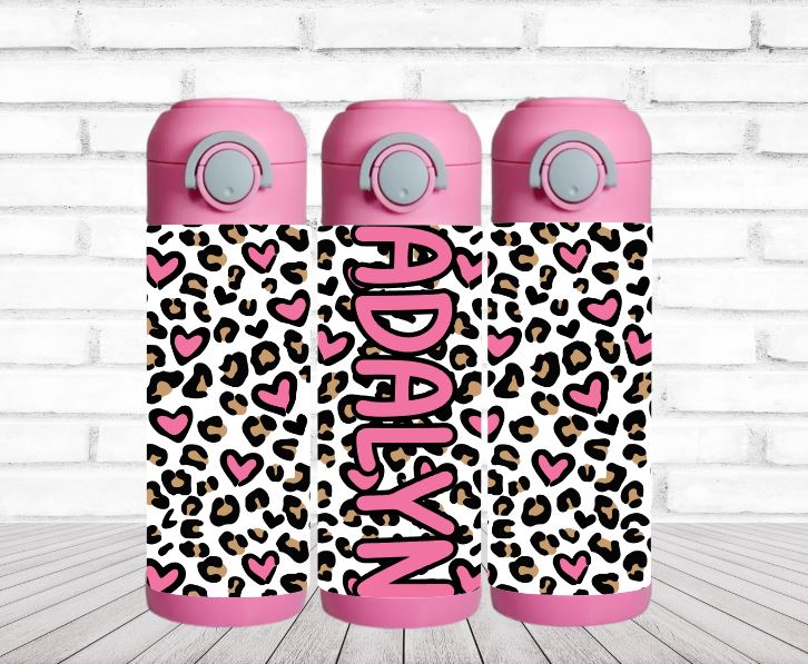 Heart Leopard Print Personalized Water Bottle
