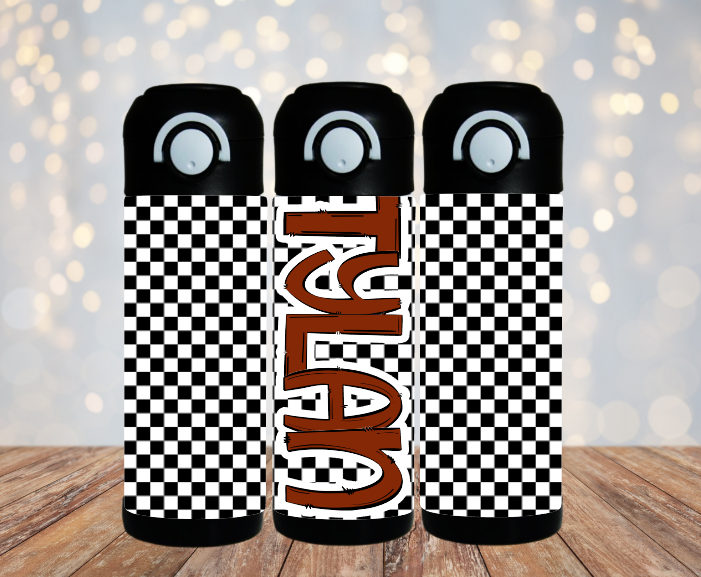 Black Checkered Flip Top Water Bottle - Personalized