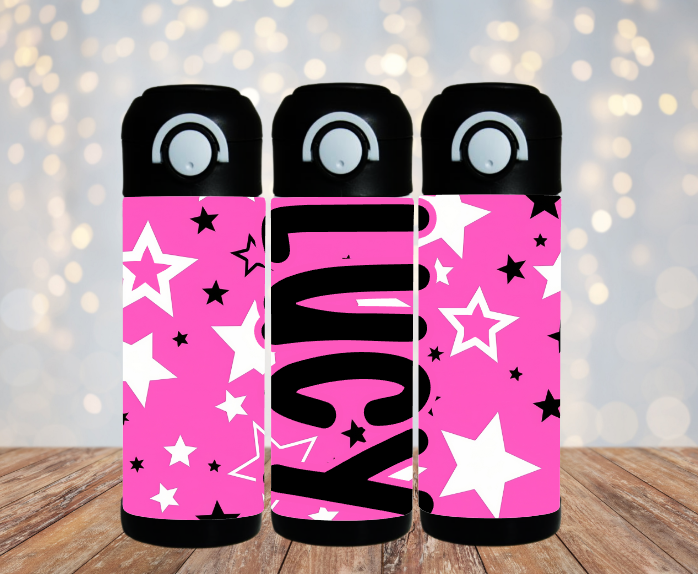 Pink Stars Flip Top Water Bottle - Personalized