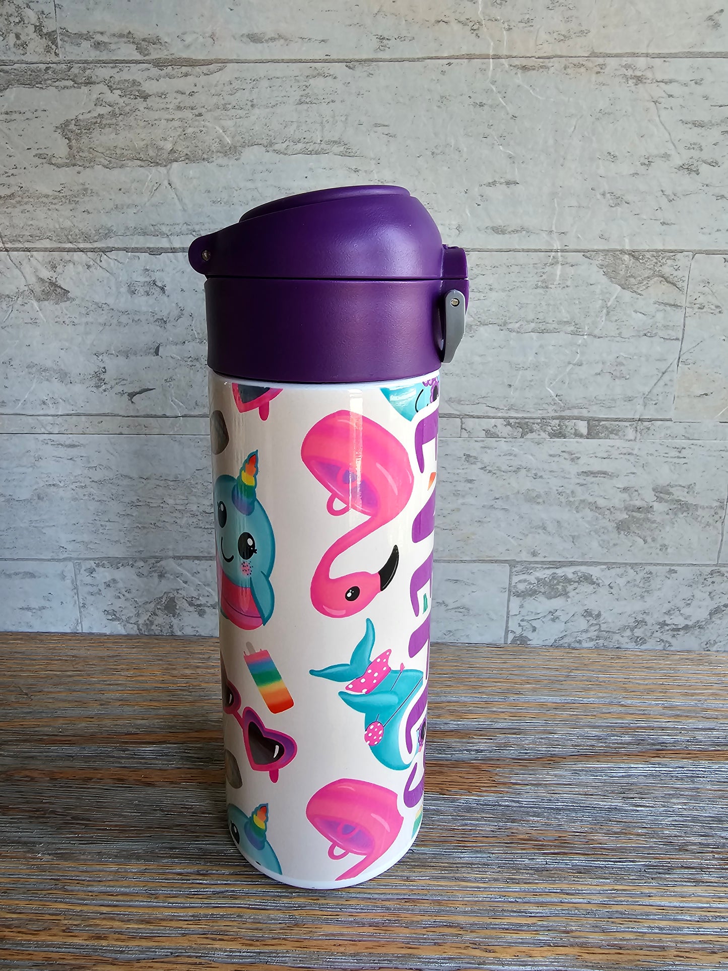 Flamingos & Narwhals Flip Top Water Bottle - Personalized