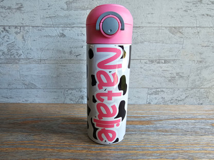 Cow Print with Pink Lid Flip Top Water Bottle - Personalized
