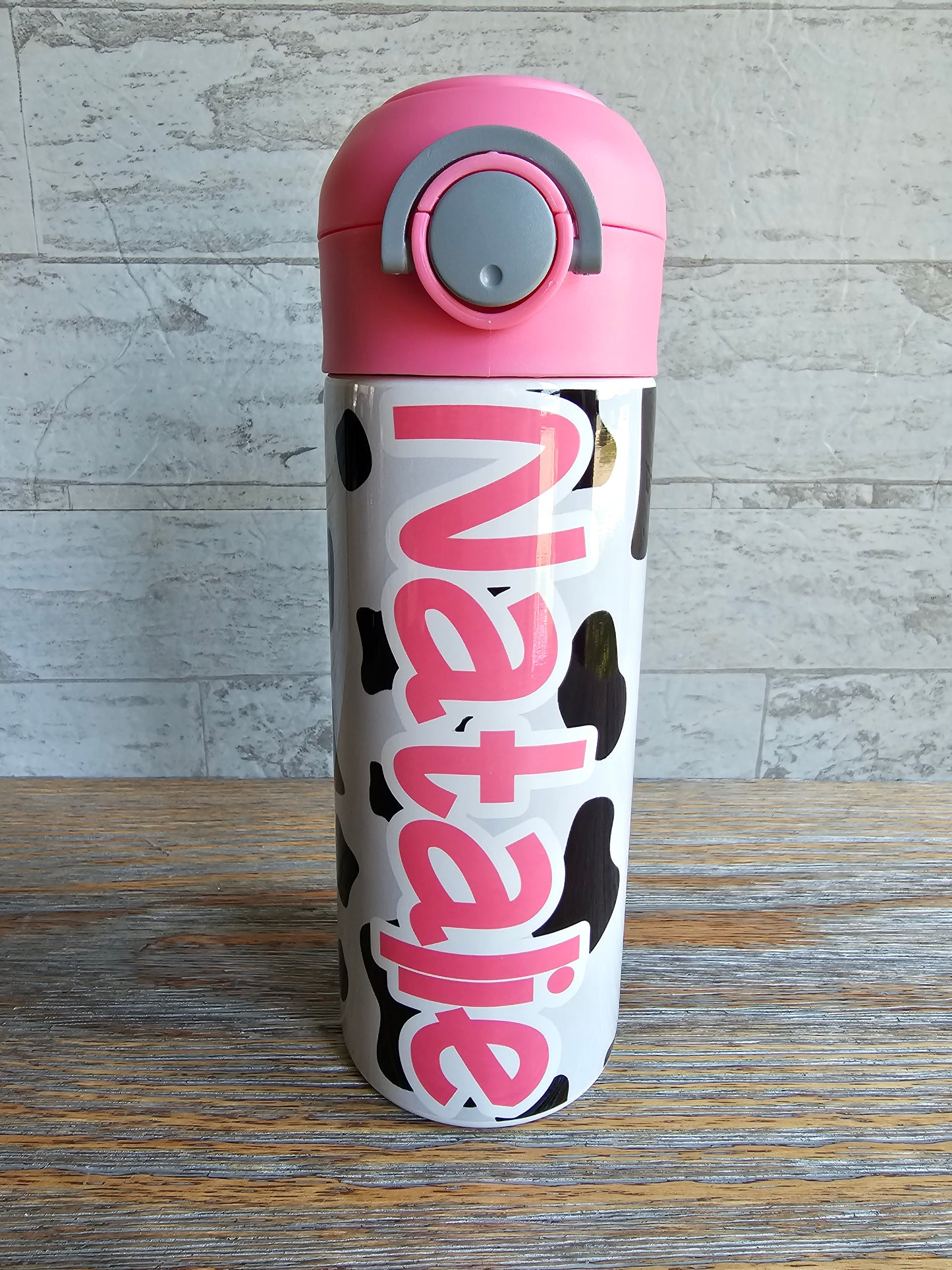 Cow Print with Pink Lid Flip Top Water Bottle - Personalized