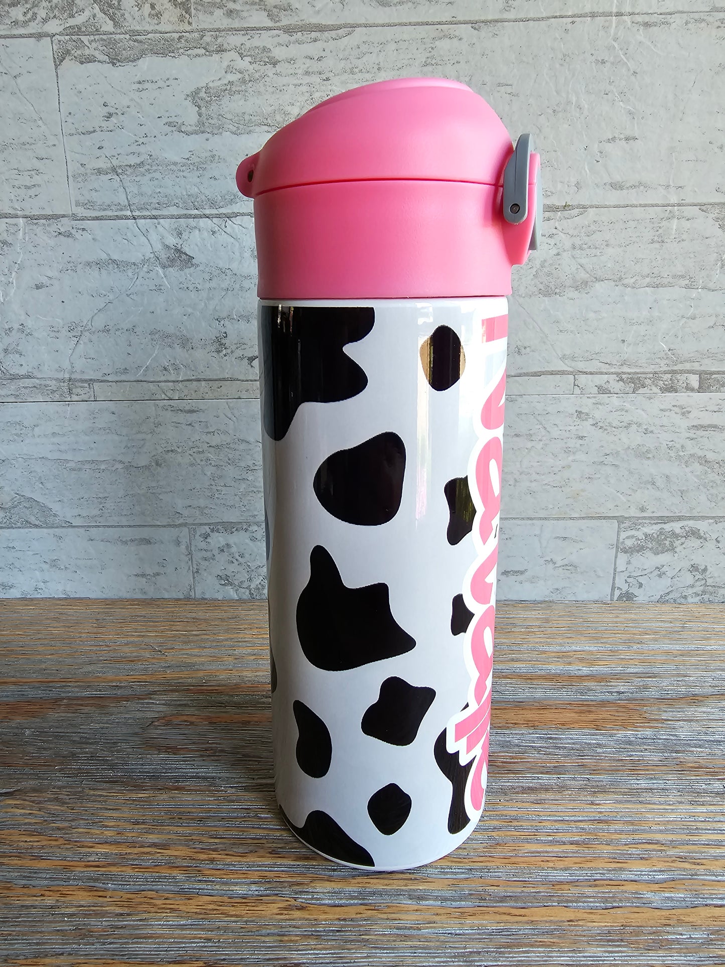 Cow Print with Pink Lid Flip Top Water Bottle - Personalized