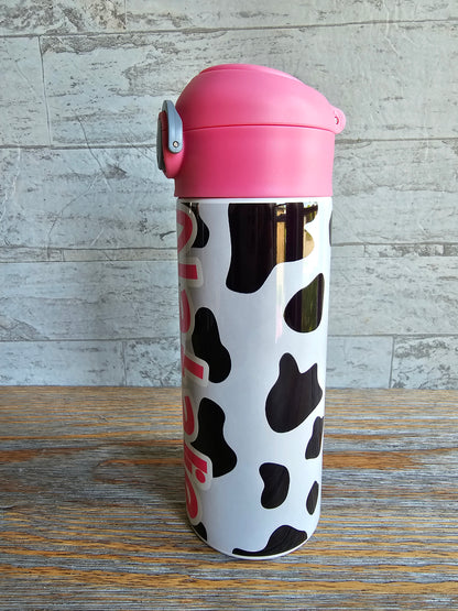 Cow Print with Pink Lid Flip Top Water Bottle - Personalized