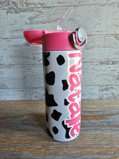 Cow Print with Pink Lid Flip Top Water Bottle - Personalized