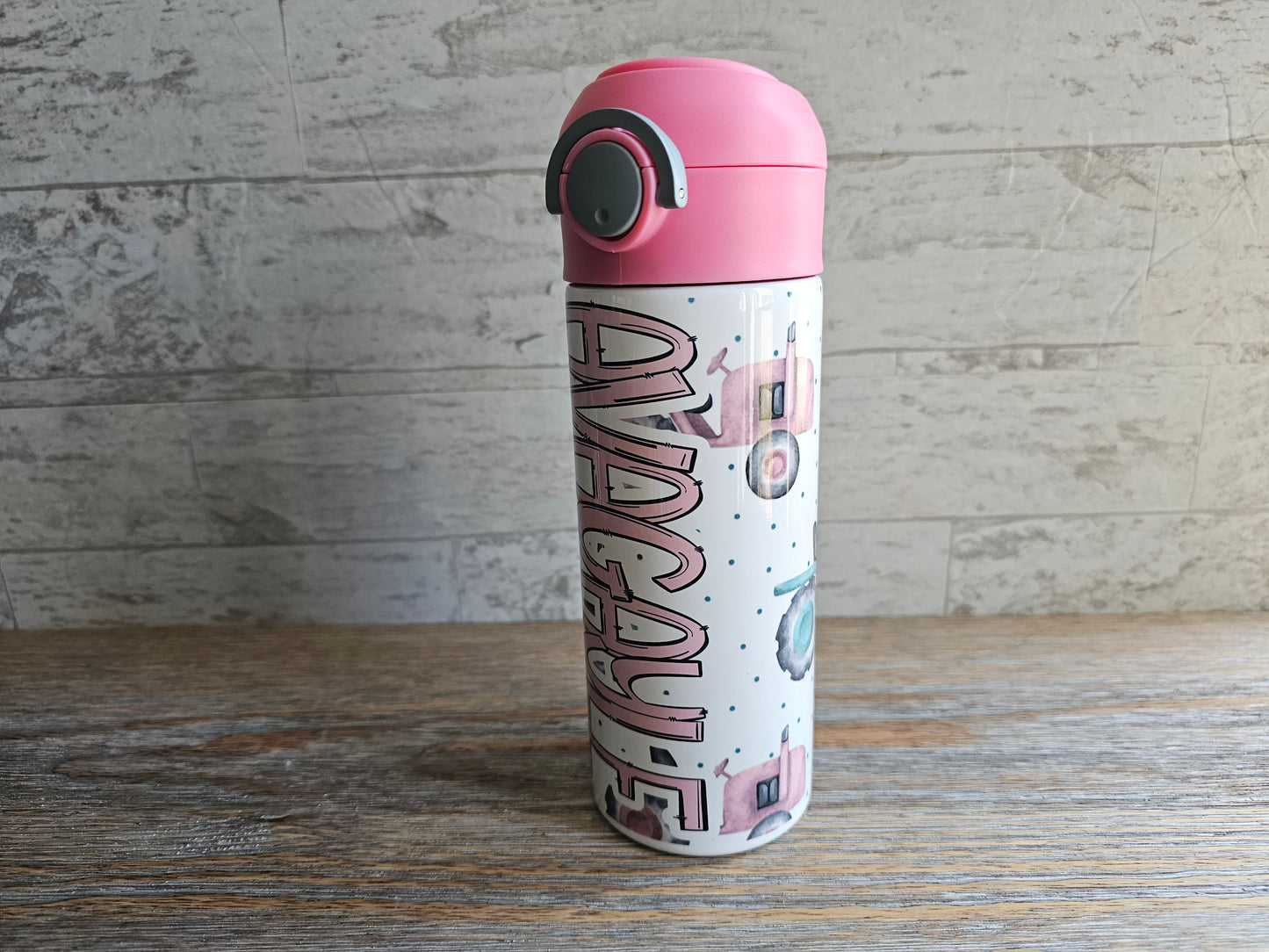 Pink Tractors Flip Top Water Bottle - Personalized