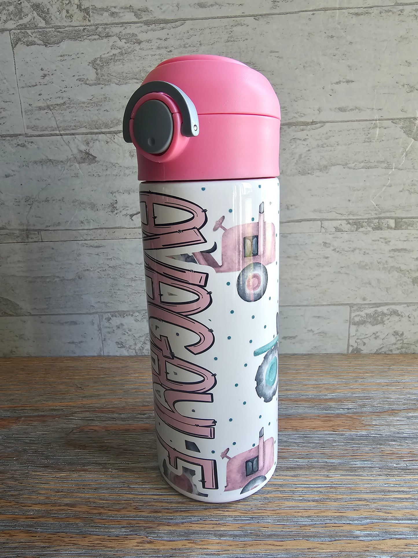 Pink Tractors Flip Top Water Bottle - Personalized