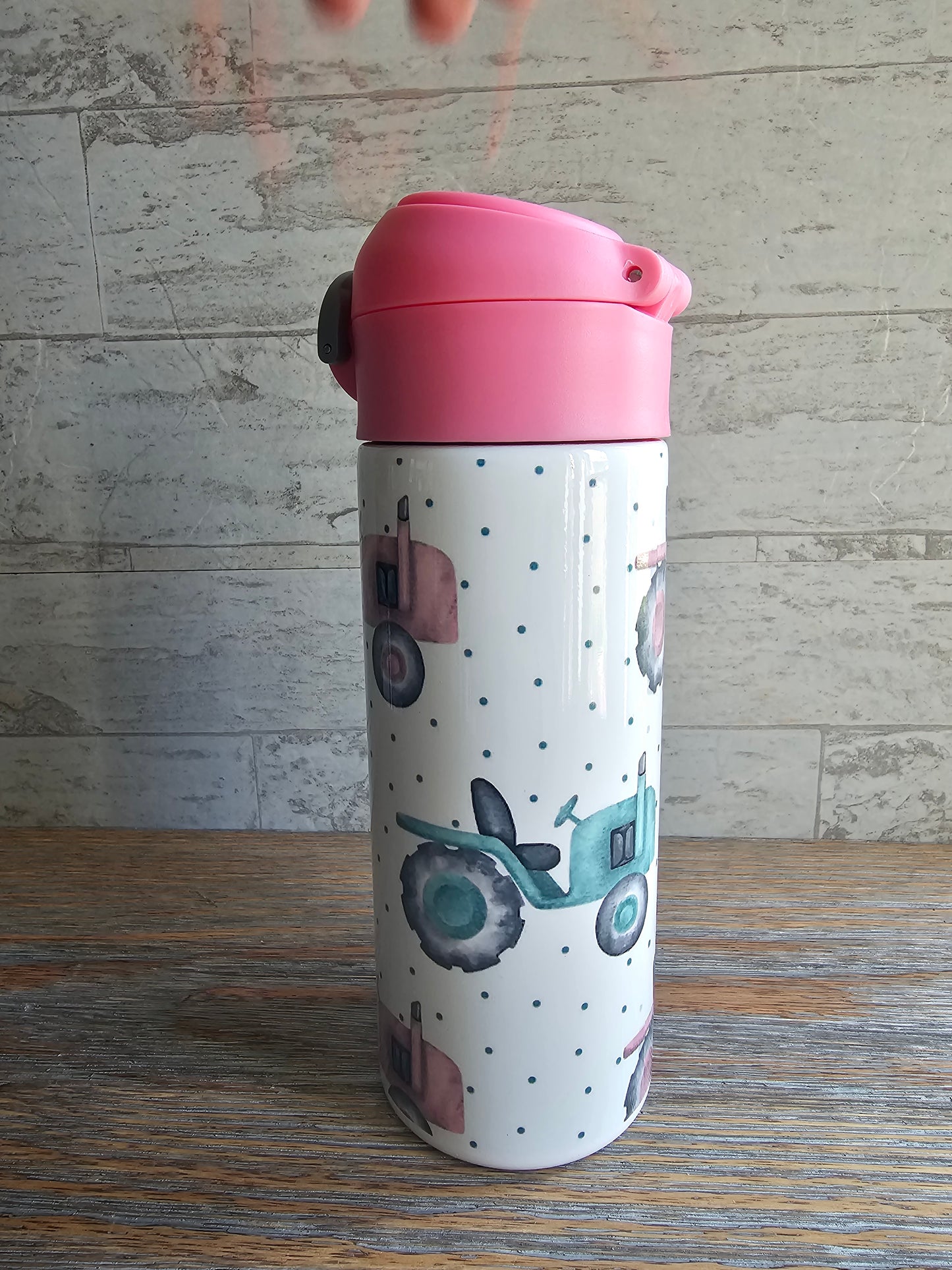 Pink Tractors Flip Top Water Bottle - Personalized