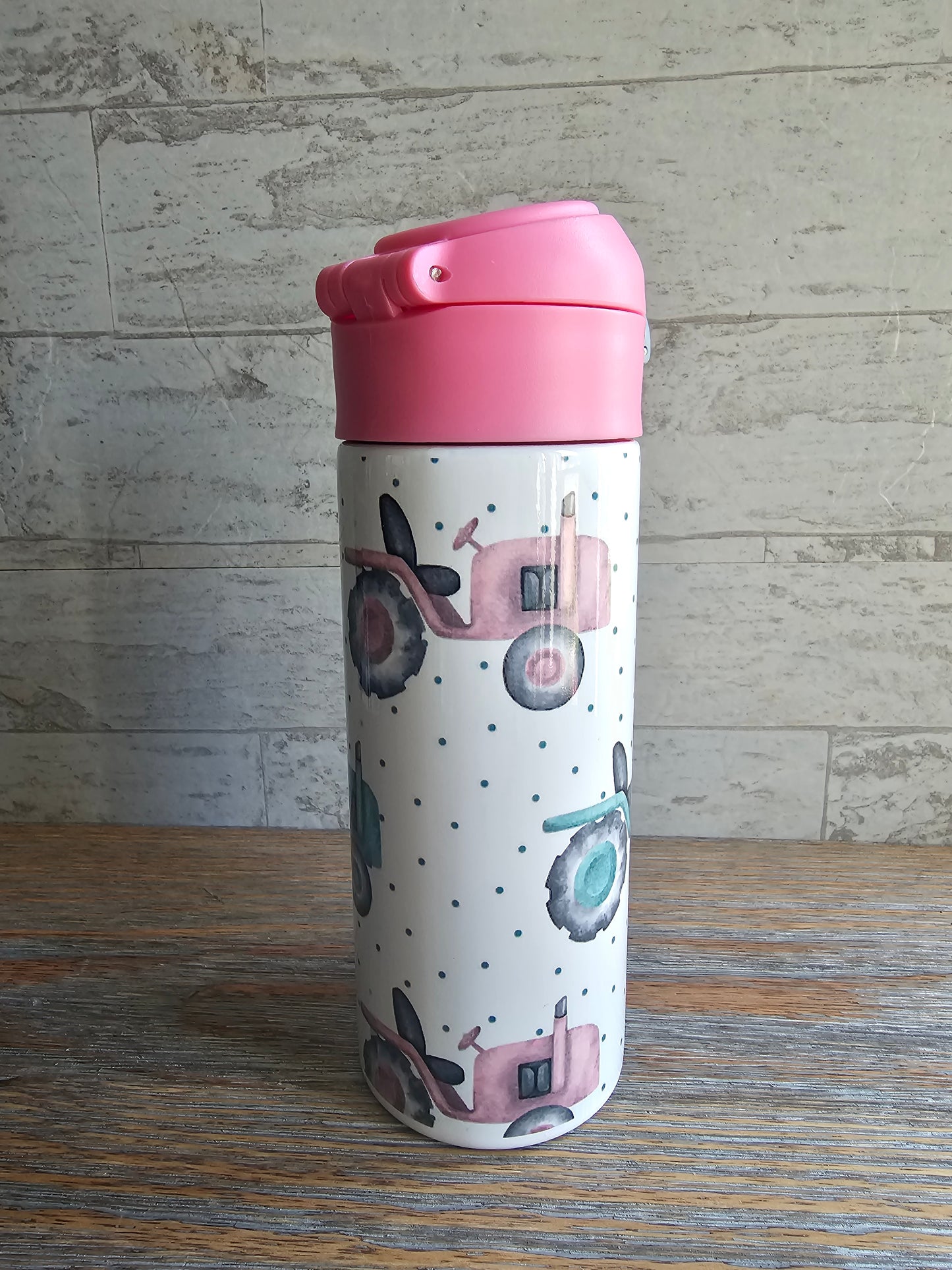 Pink Tractors Flip Top Water Bottle - Personalized