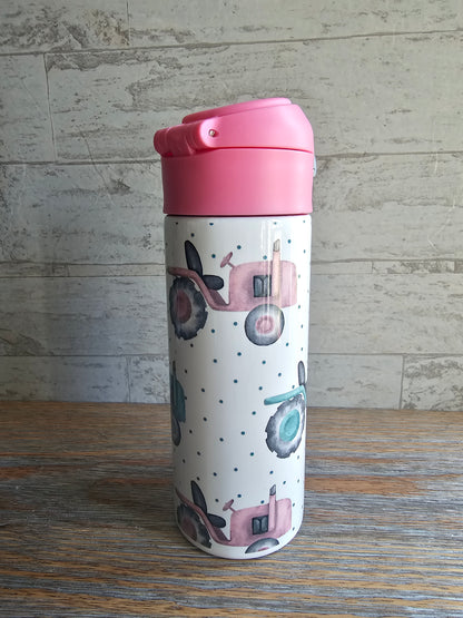 Pink Tractors Flip Top Water Bottle - Personalized