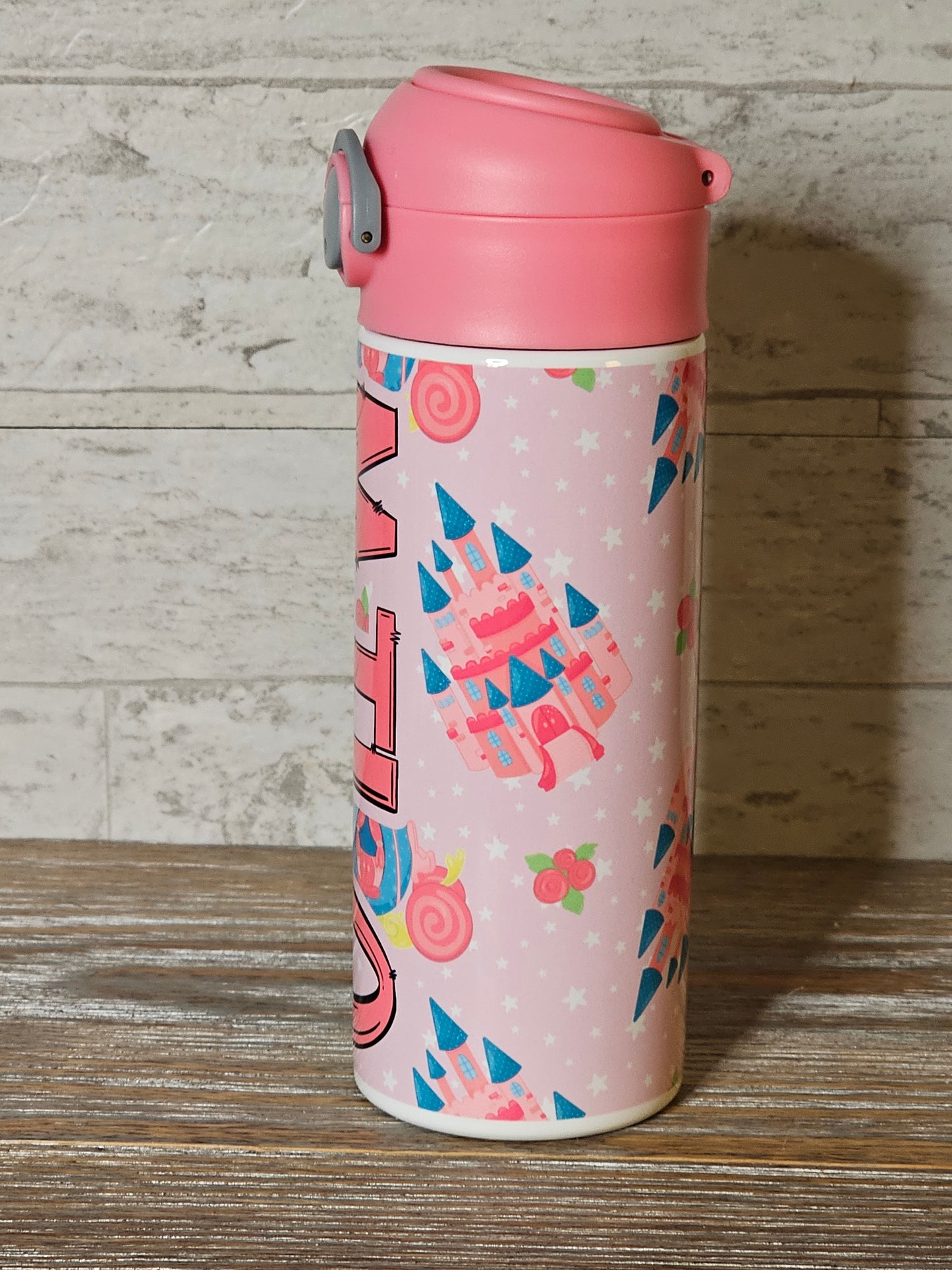 Pink Princess Themed Water Bottle - 12 oz Flip Top Water Bottle with Straw