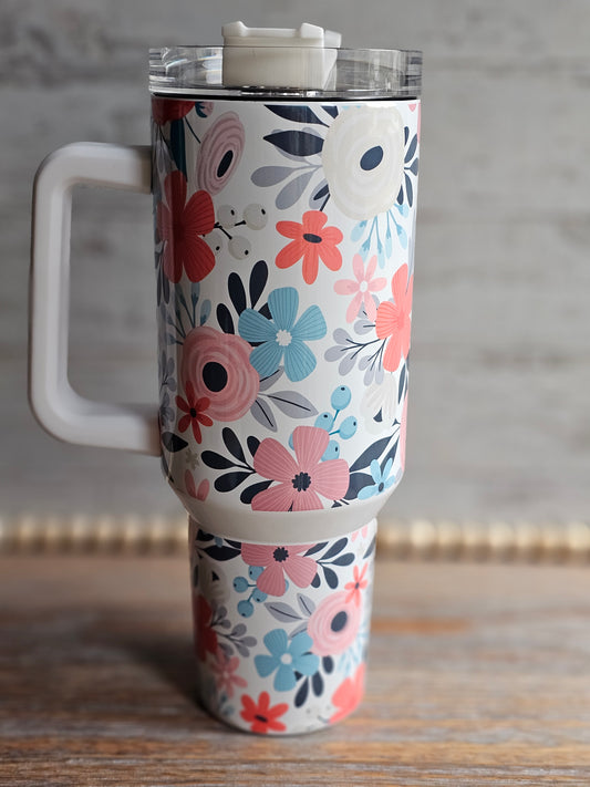 Pink and Gray Floral 40 oz Tumbler with Handle