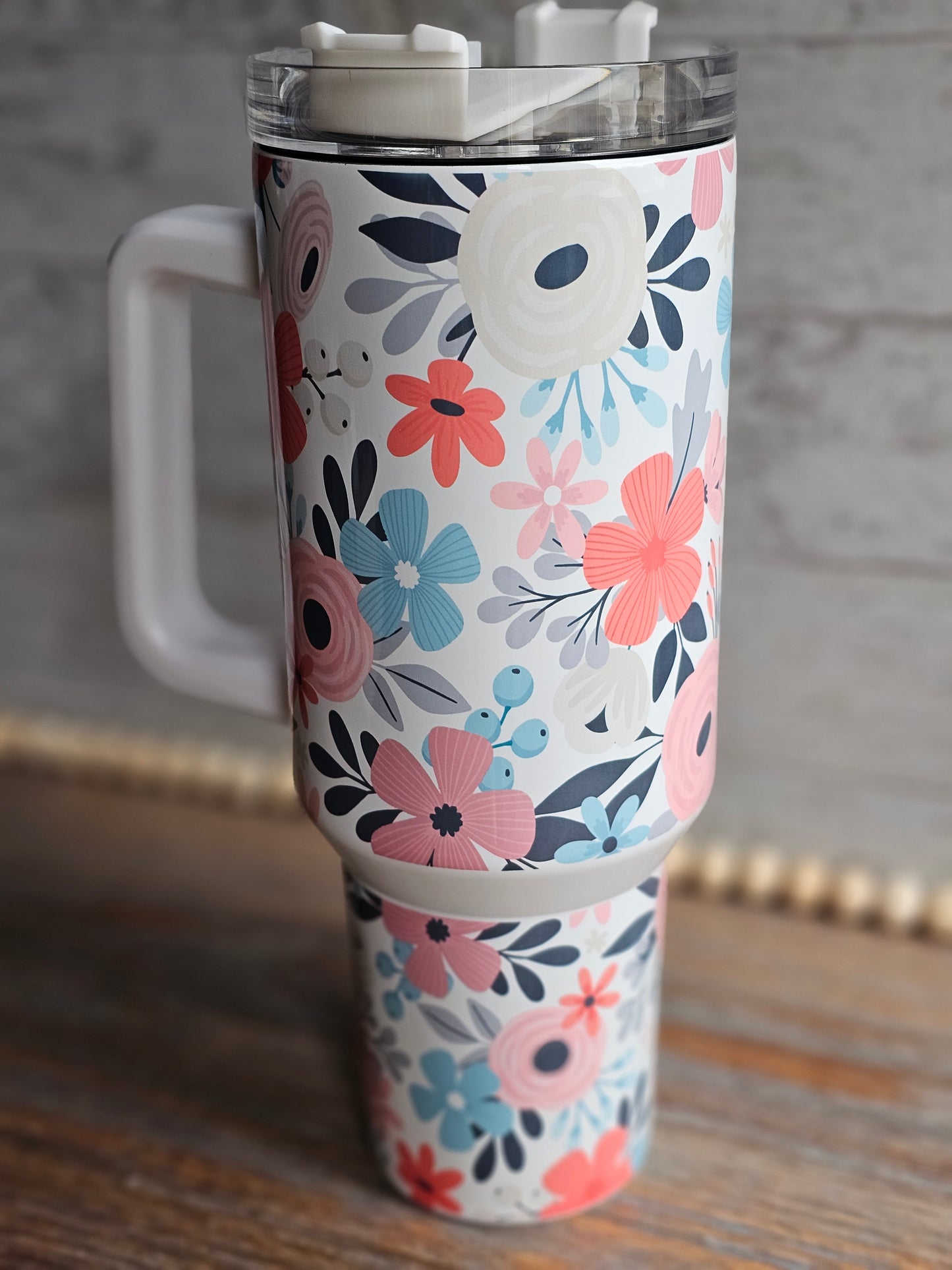 Pink and Gray Floral 40 oz Tumbler with Handle