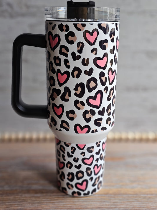 Leopard Print Hearts 40 oz Tumbler with Handle