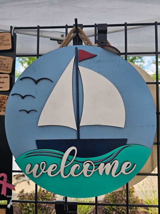 Sailboat Welcome Wooden Door Hanging Sign